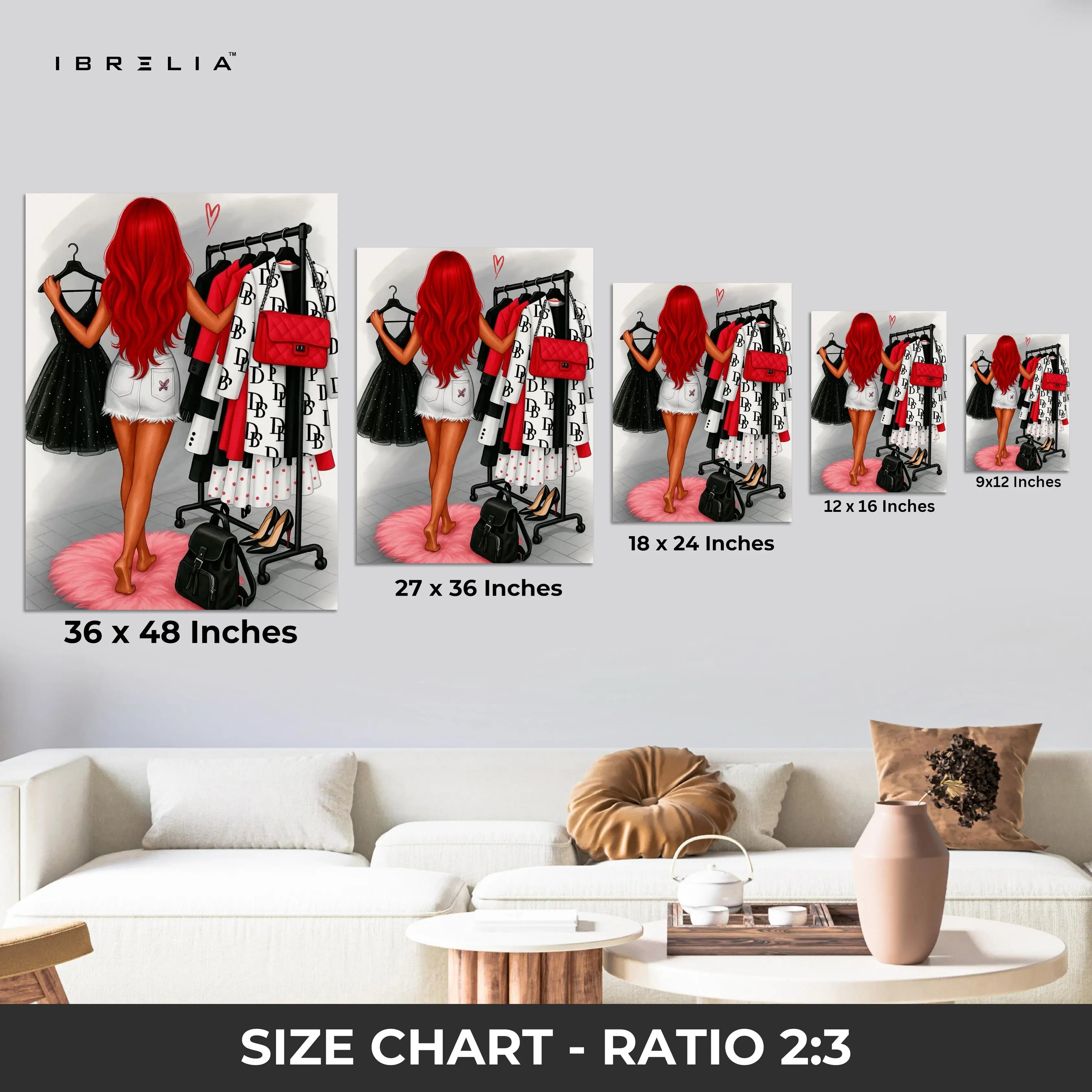 Red Hair Fashion Closet Art – 4K Ultra Wrap Frame Wall Art in Pakistan | IBRELIA™ IBRELIA