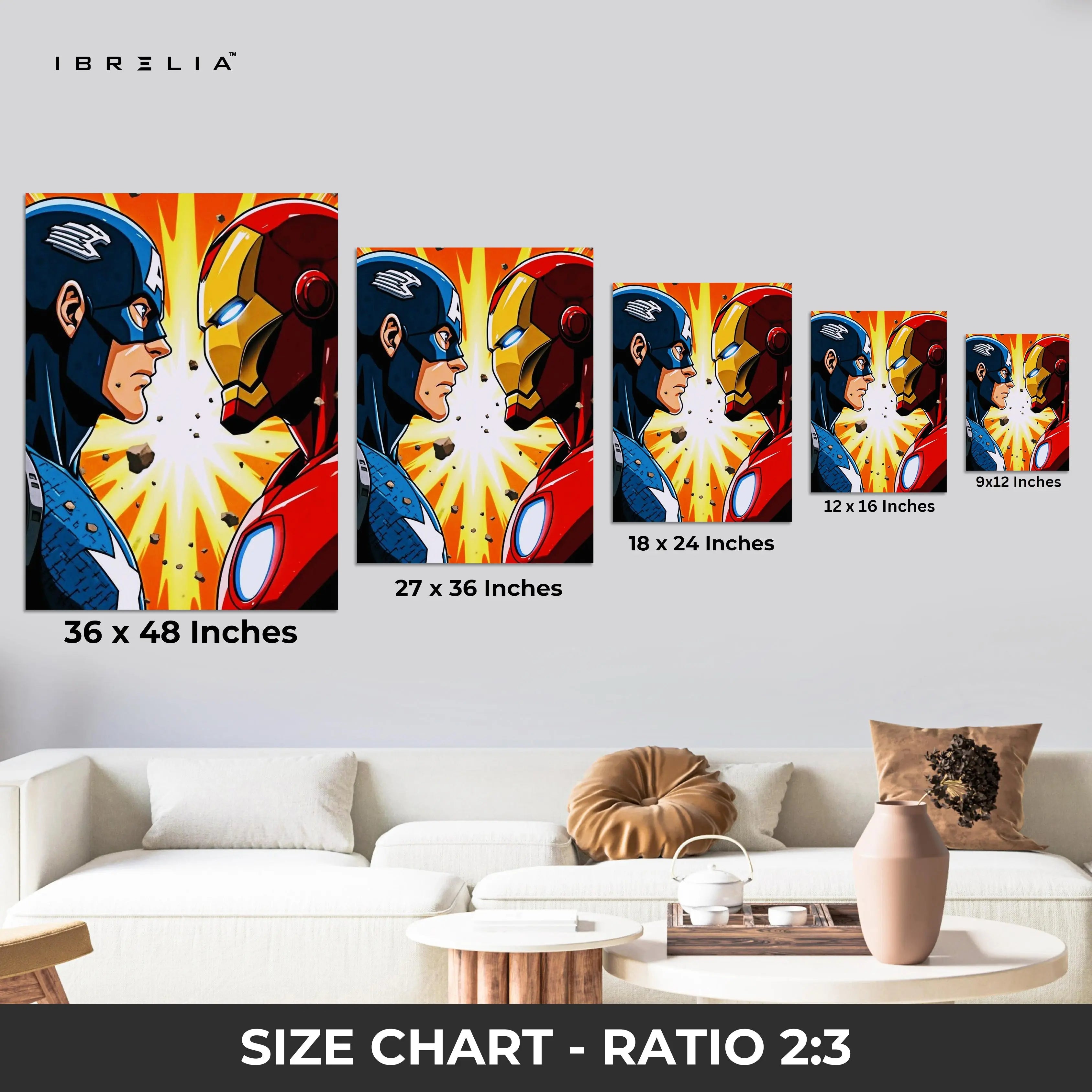 Heroes Face-Off Pop Art – Iconic Superhero Clash Wall Art | 4K Ultra Wrap Frame Wall Art in Pakistan | IBRELIA™ IBRELIA