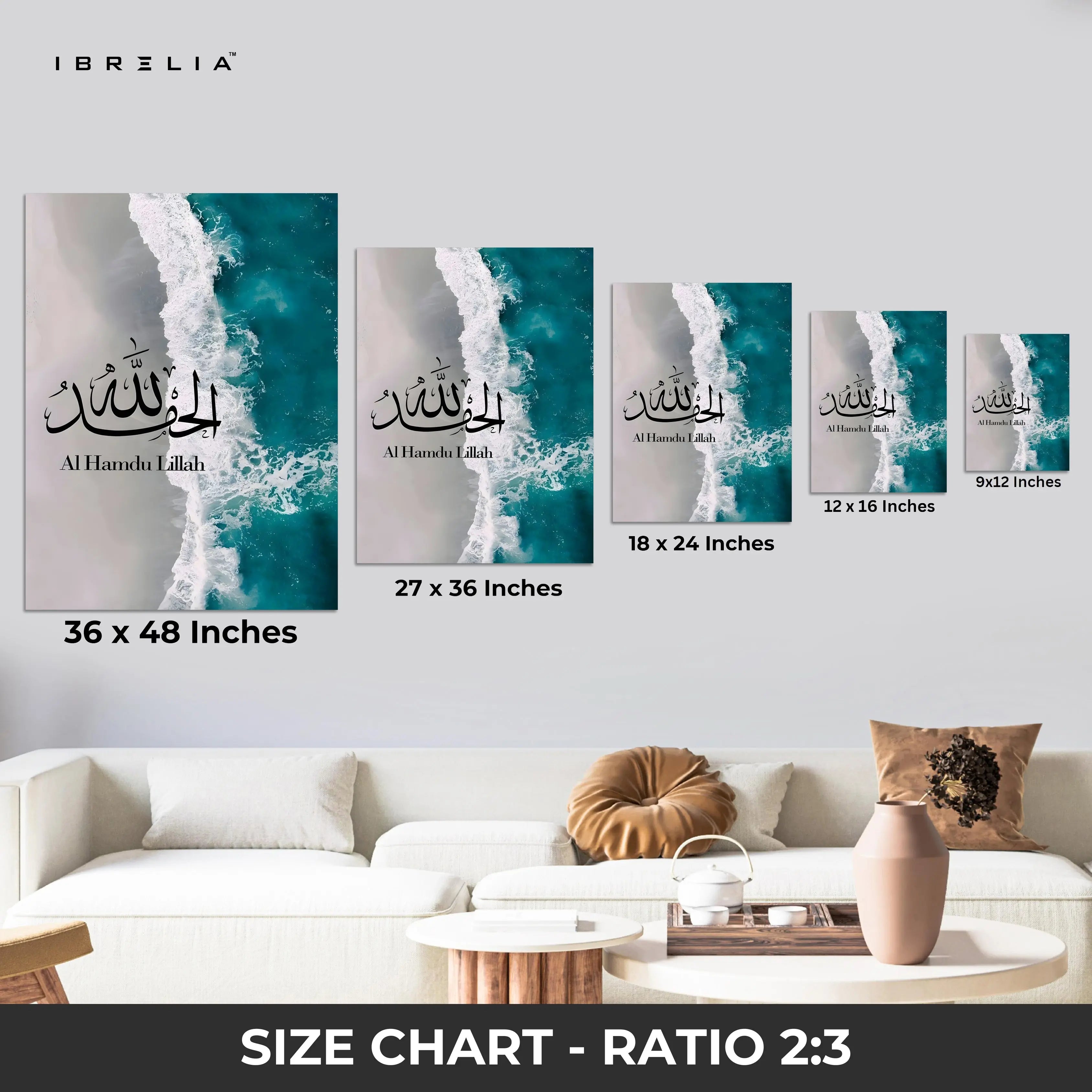 Alhamdulillah Ocean Serenity Art – Islamic Calligraphy Beach Wall Art | 4K Ultra Wrap Frame Wall Art in Pakistan | IBRELIA™ IBRELIA