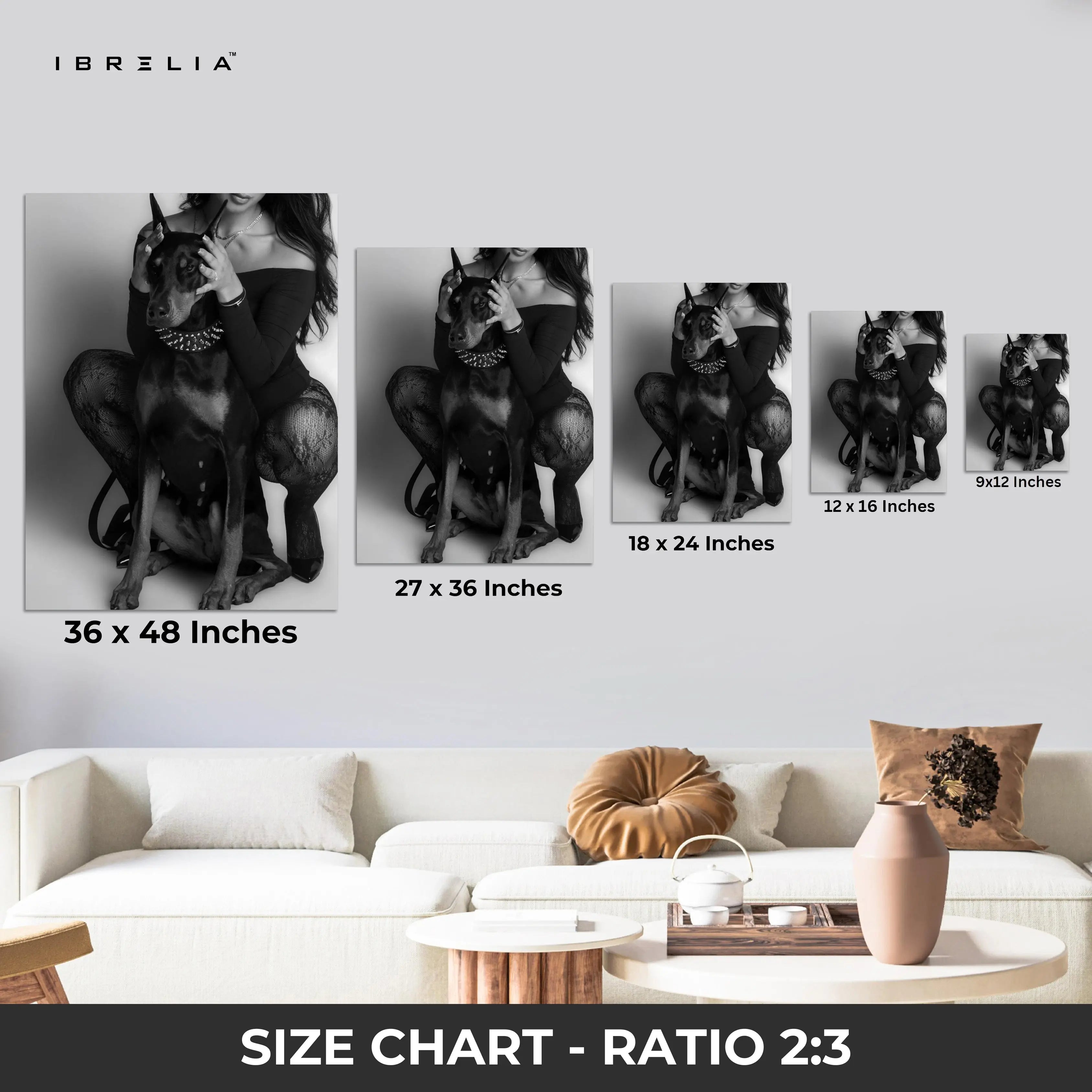 Elegant Doberman with Owner – Black & White Luxury 4K Ultra Wrap Frame Wall Art in Pakistan | IBRELIA™ IBRELIA