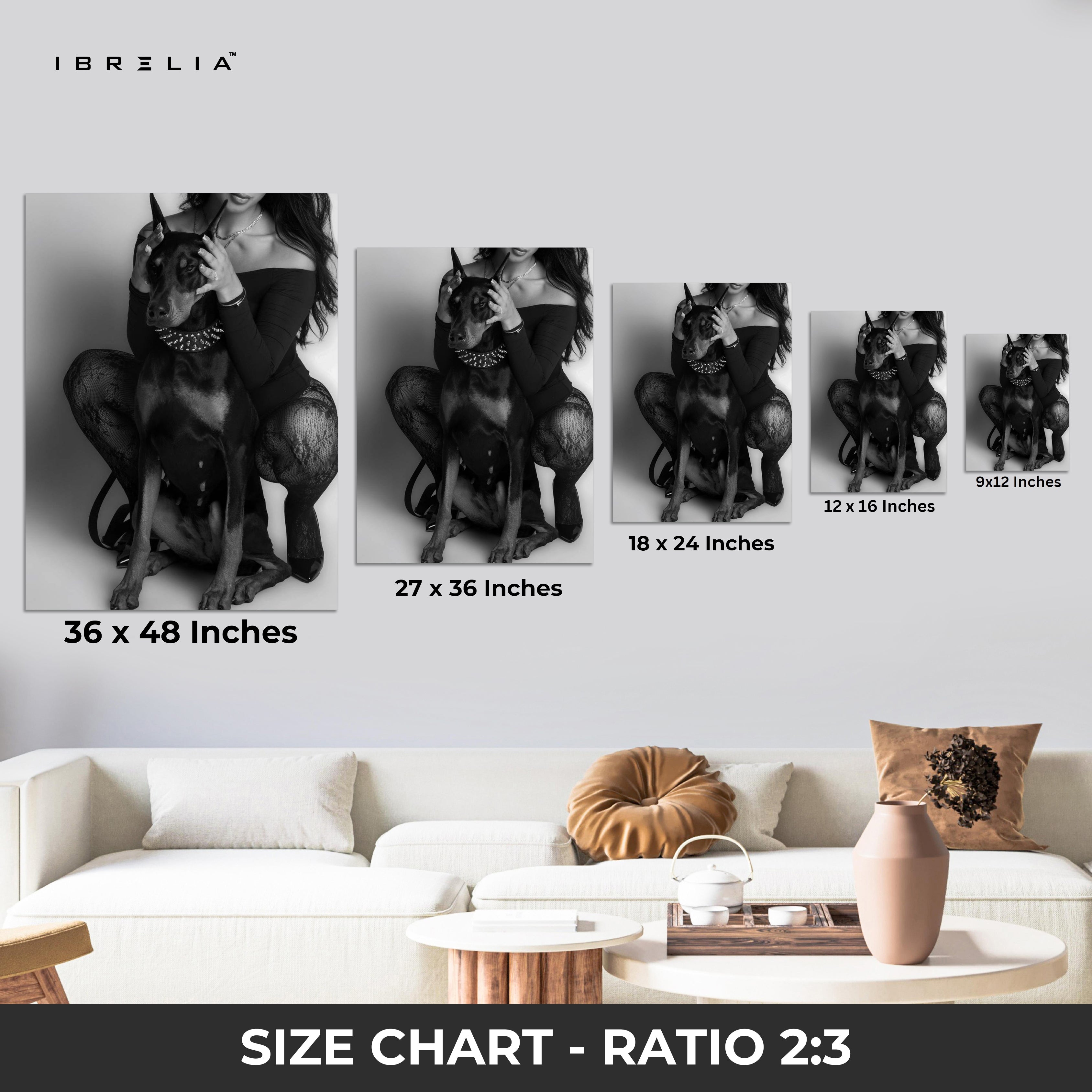 Elegant Doberman with Owner – Black & White Luxury 4K Ultra Wrap Frame Wall Art in Pakistan | IBRELIA™