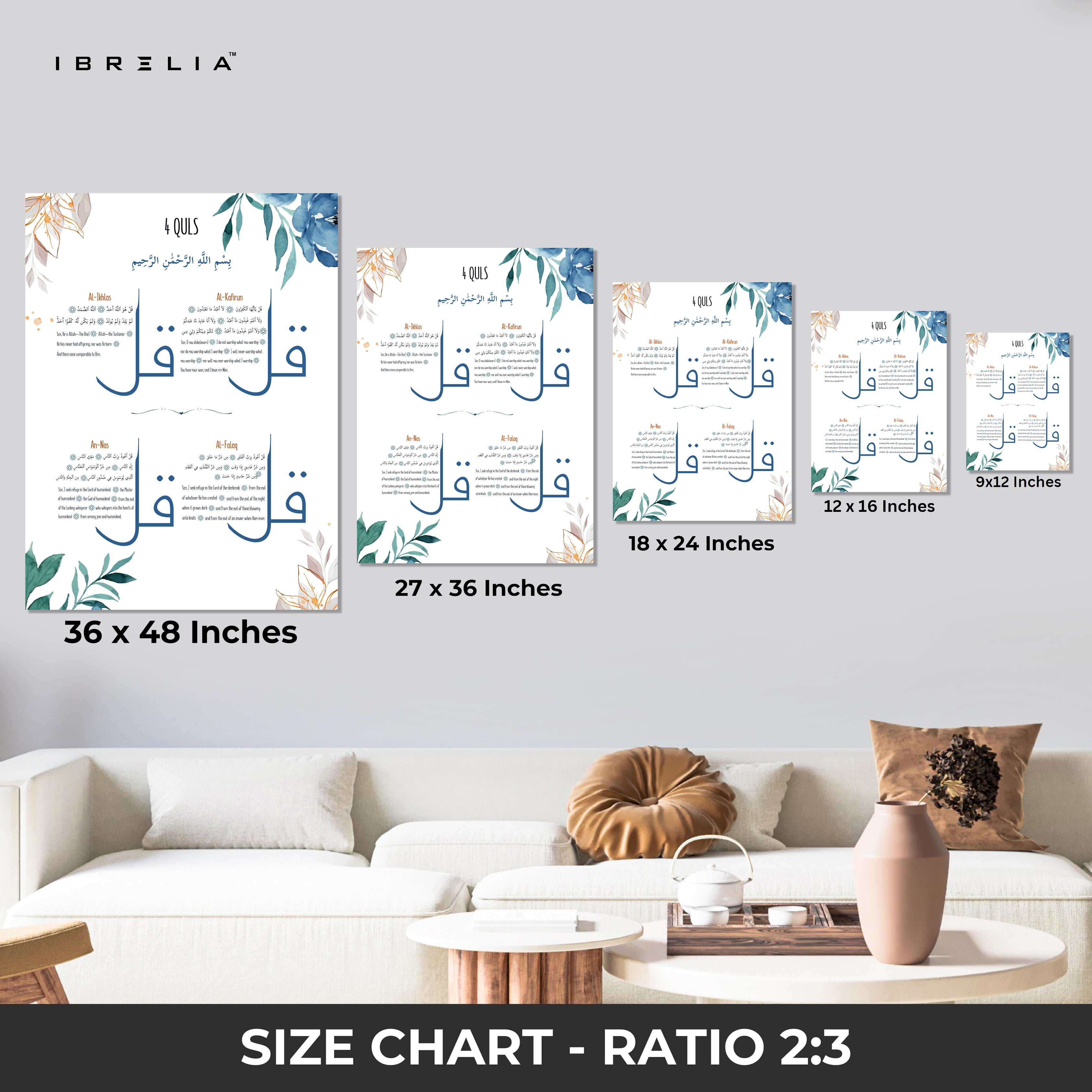 4 Quls Islamic Wall Art – Floral Blue Edition | 4K Ultra Wrap Frame Wall Art in Pakistan | IBRELIA™
