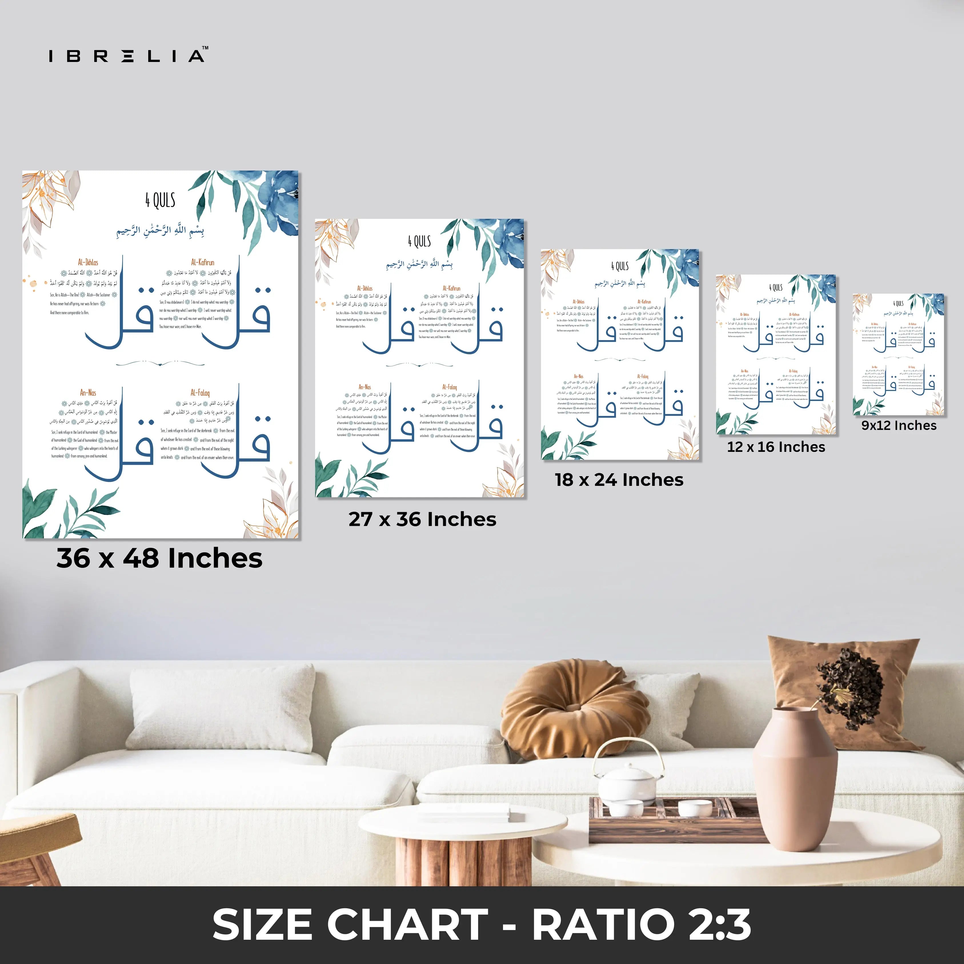 4 Quls Islamic Wall Art – Floral Blue Edition | 4K Ultra Wrap Frame Wall Art in Pakistan | IBRELIA™ IBRELIA
