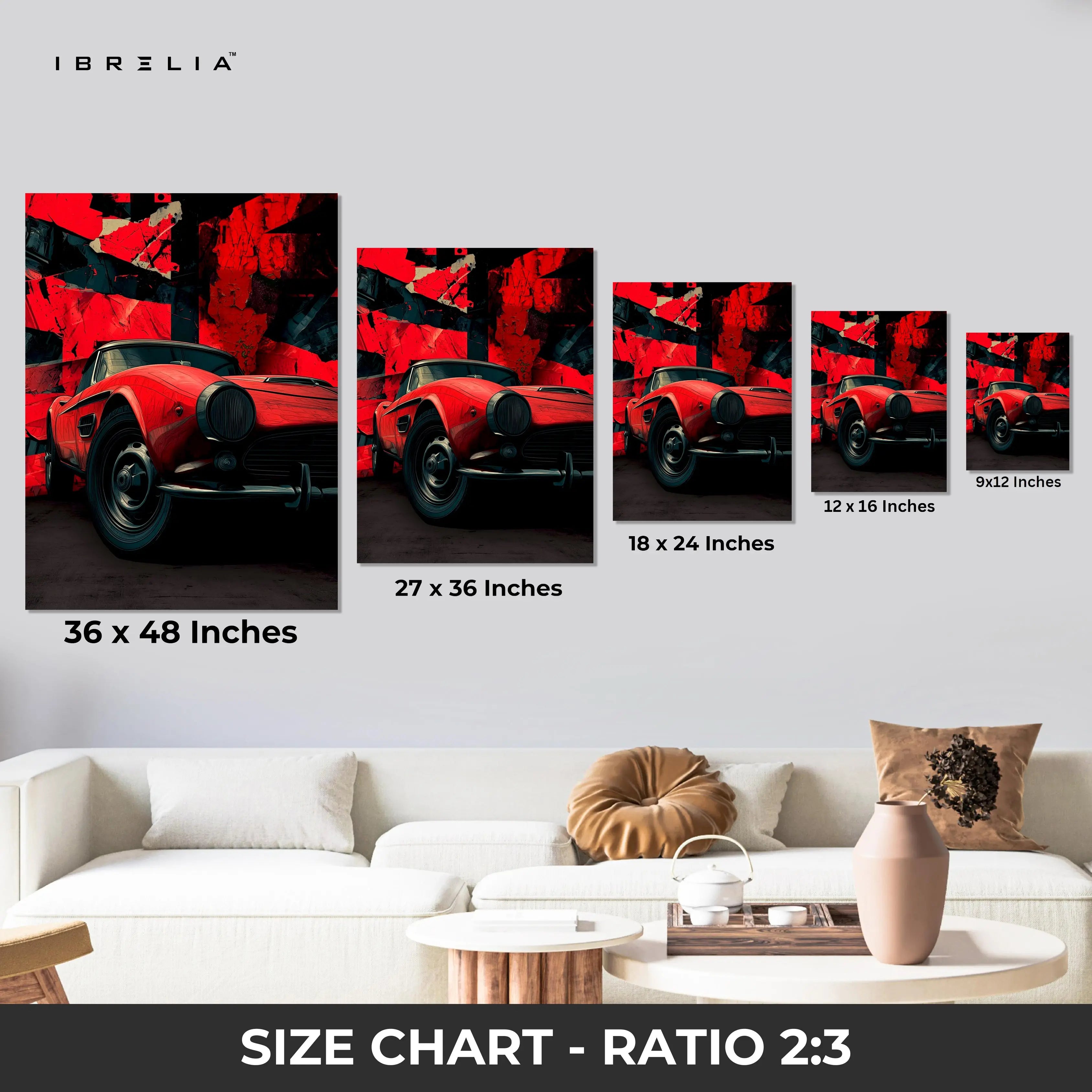 Vintage Red Sports Car Wall Art – Classic Car Canvas Frame Pakistan | Retro Automotive Poster | IBRELIA™ IBRELIA