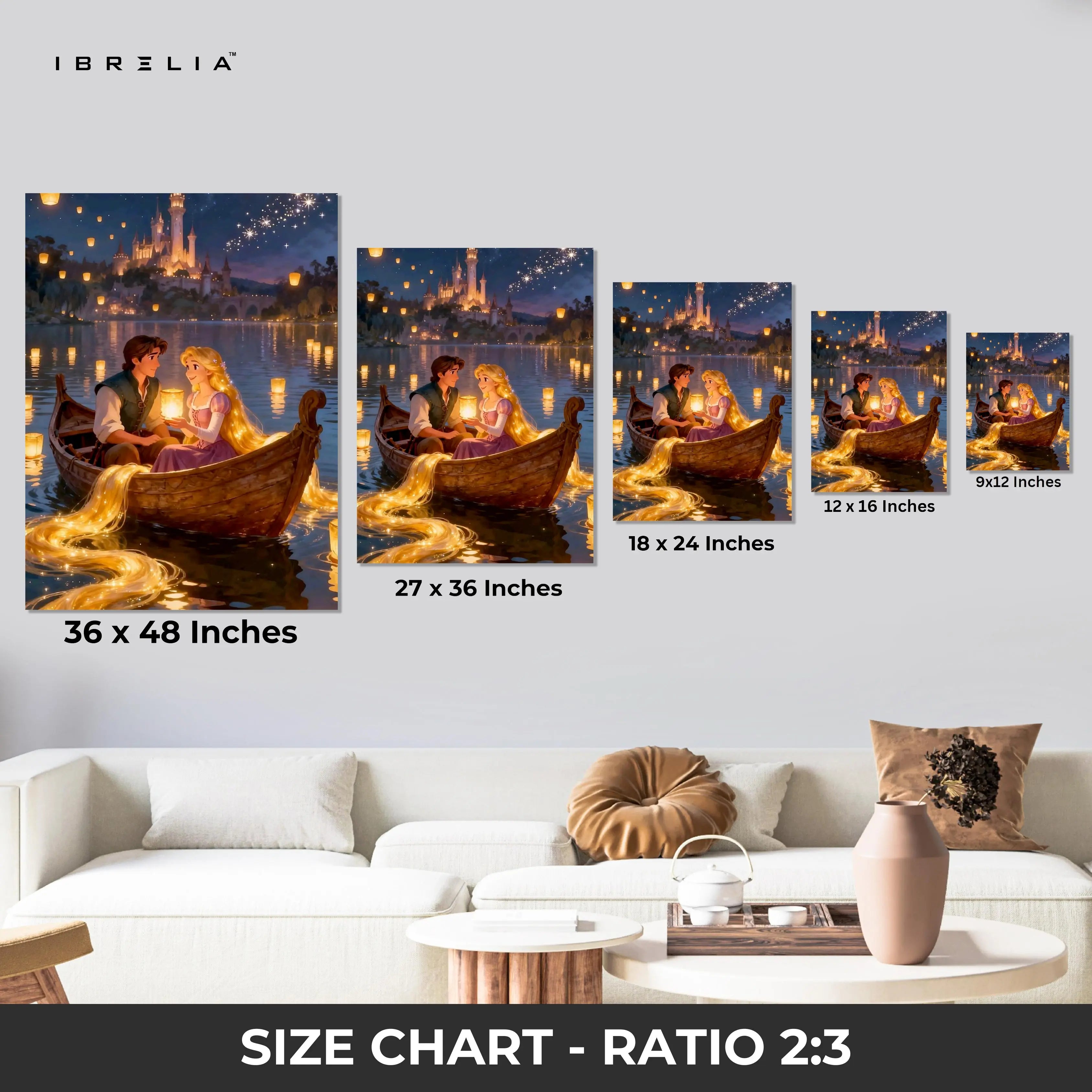 Rapunzel Lantern Boat Romance Wall Art – Fairytale Love Canvas Frame | Magical Couple Decor Pakistan | IBRELIA™ IBRELIA