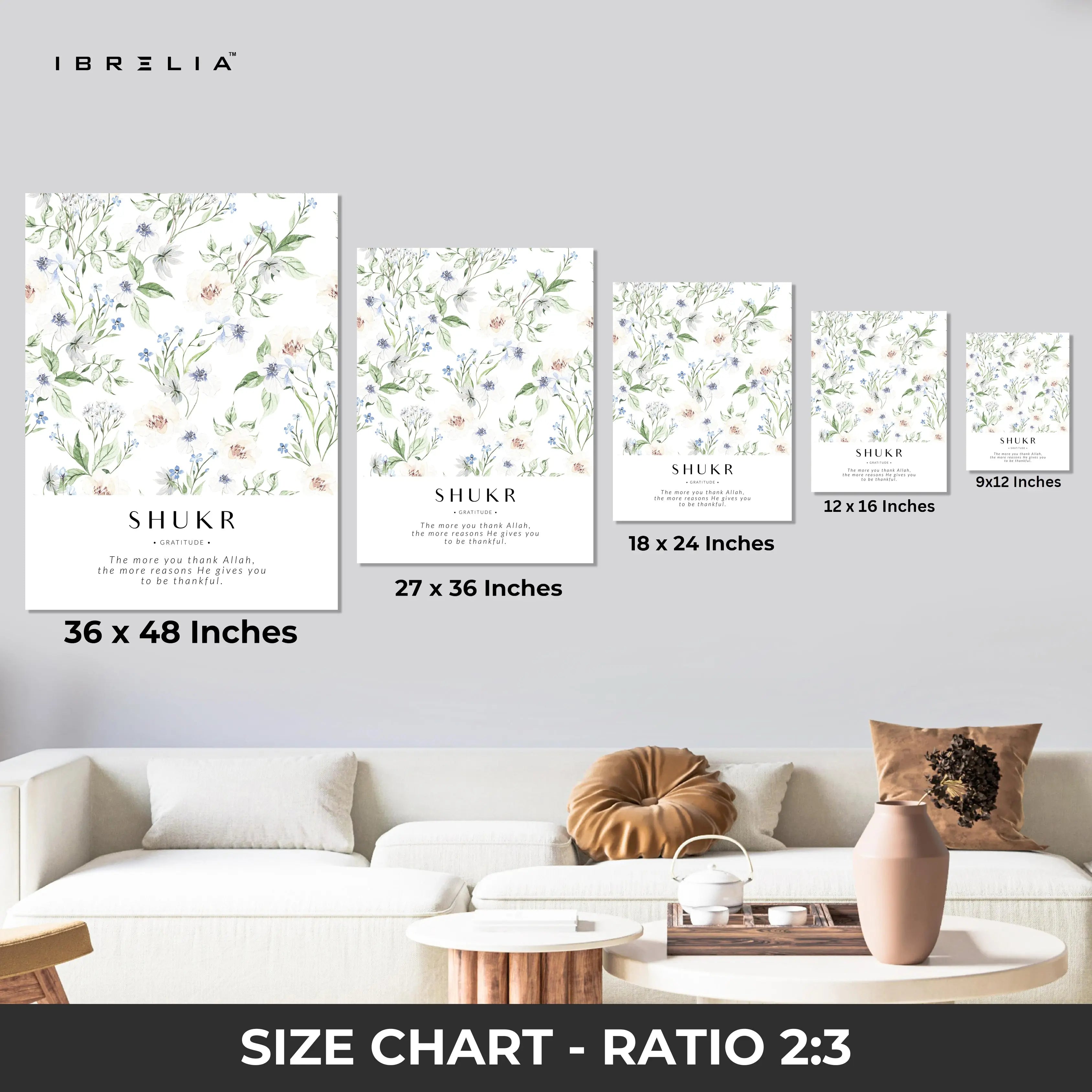Shukr Gratitude Islamic Wall Art – Blue Floral Botanical Design | 4K Ultra Wrap Frame Wall Art in Pakistan | IBRELIA™ IBRELIA