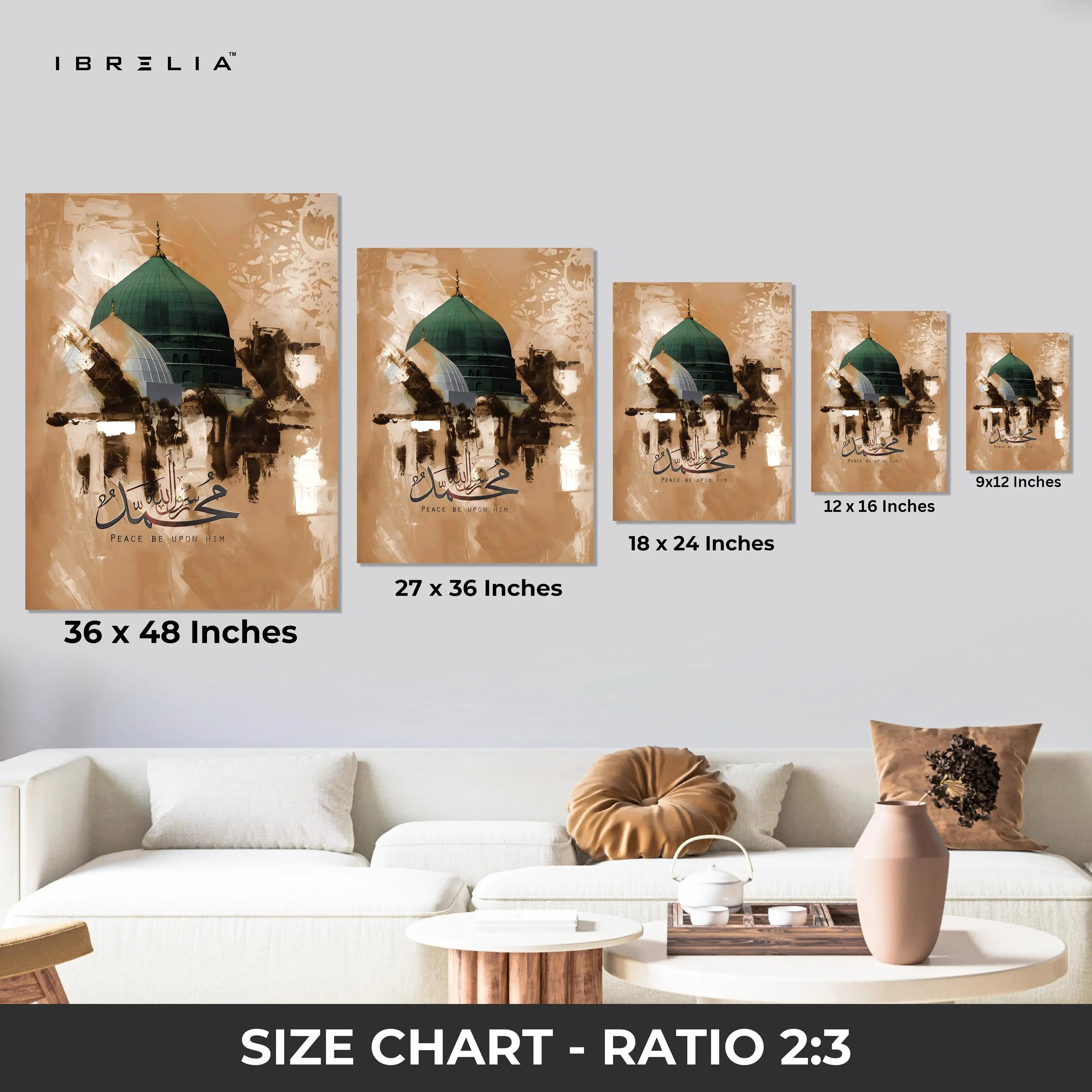 Prophet Muhammad (PBUH) Calligraphy Art – Masjid e Nabawi Green Dome Islamic Wall Art | 4K Ultra Wrap Frame Wall Art in Pakistan | IBRELIA™ IBRELIA