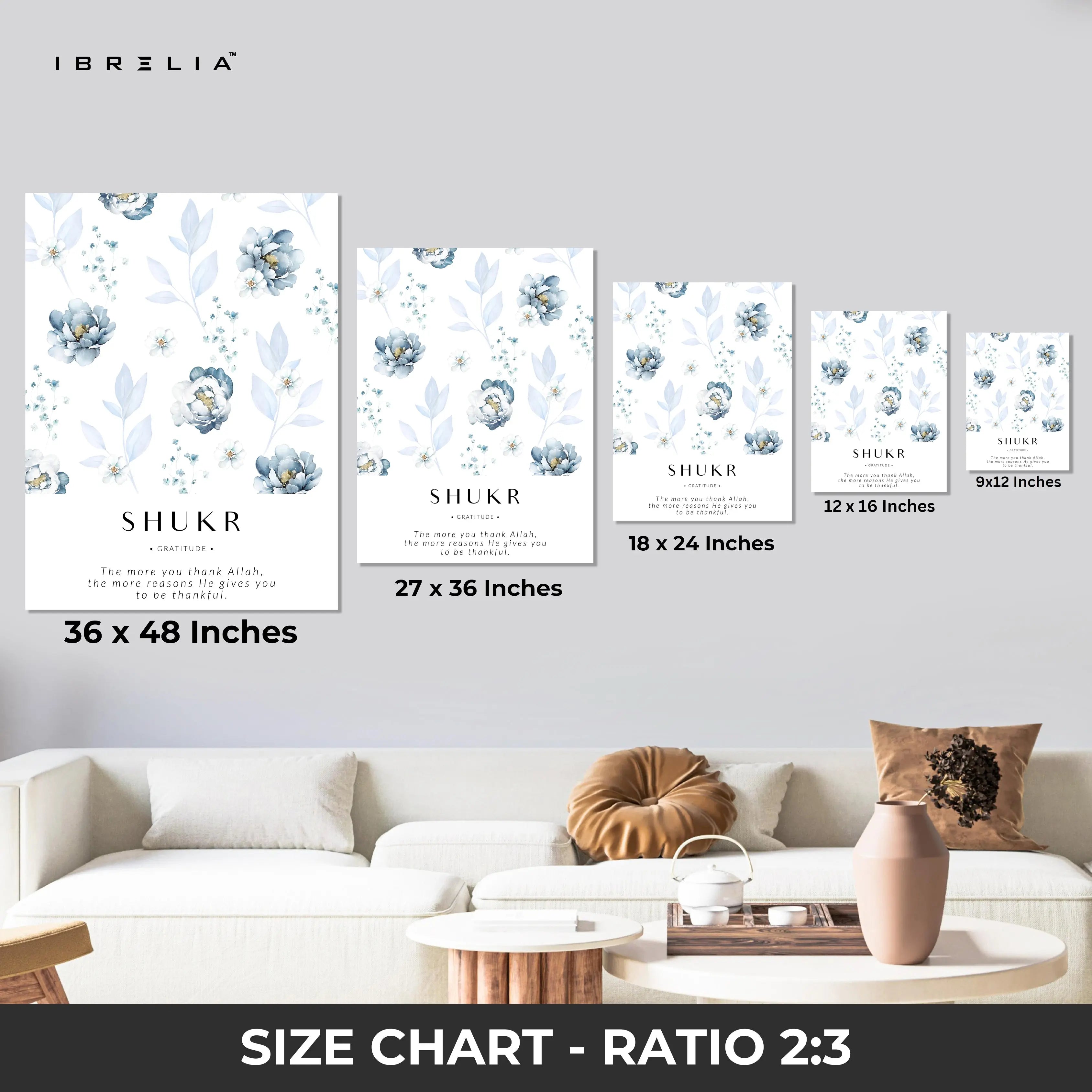 Shukr Islamic Wall Art – Blue Floral Gratitude Design | 4K Ultra Wrap Frame Wall Art in Pakistan | IBRELIA™ IBRELIA