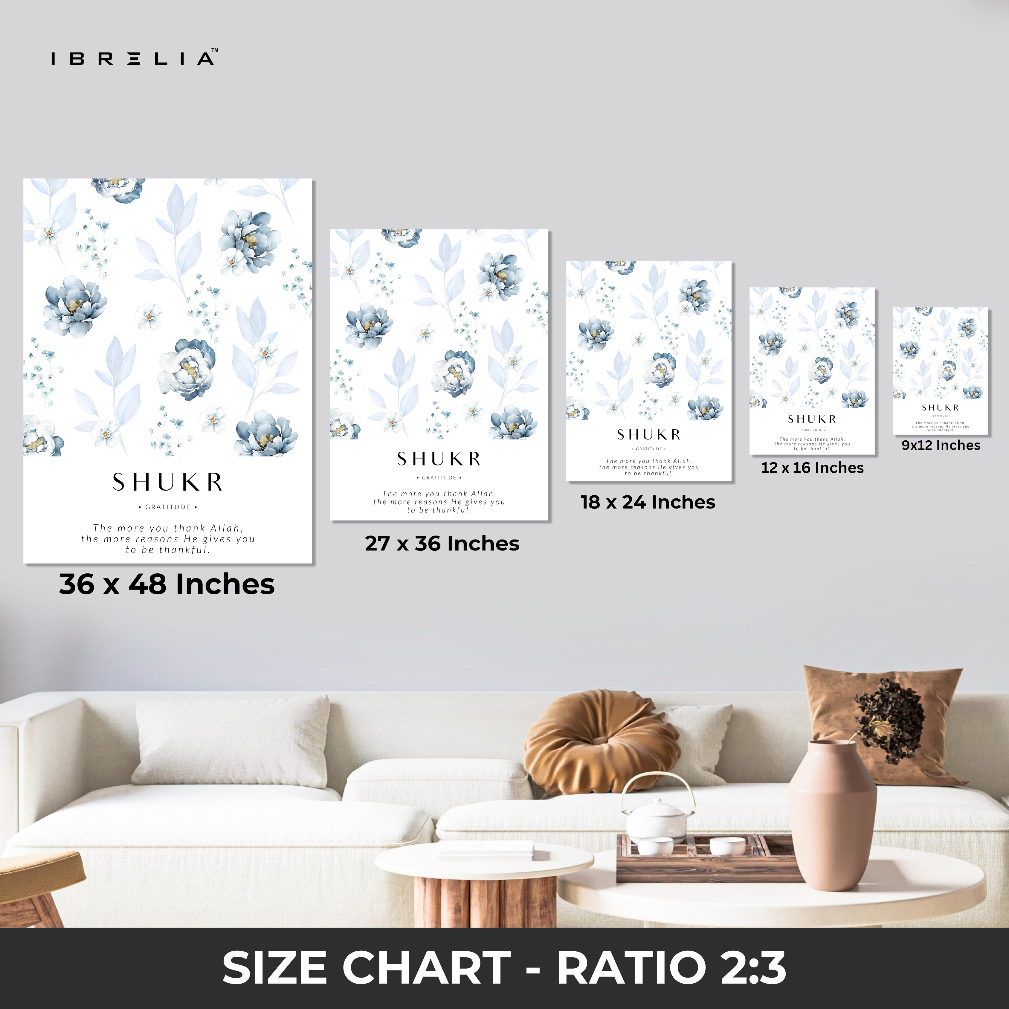 Shukr Islamic Wall Art – Blue Floral Gratitude Design | 4K Ultra Wrap Frame Wall Art in Pakistan | IBRELIA™
