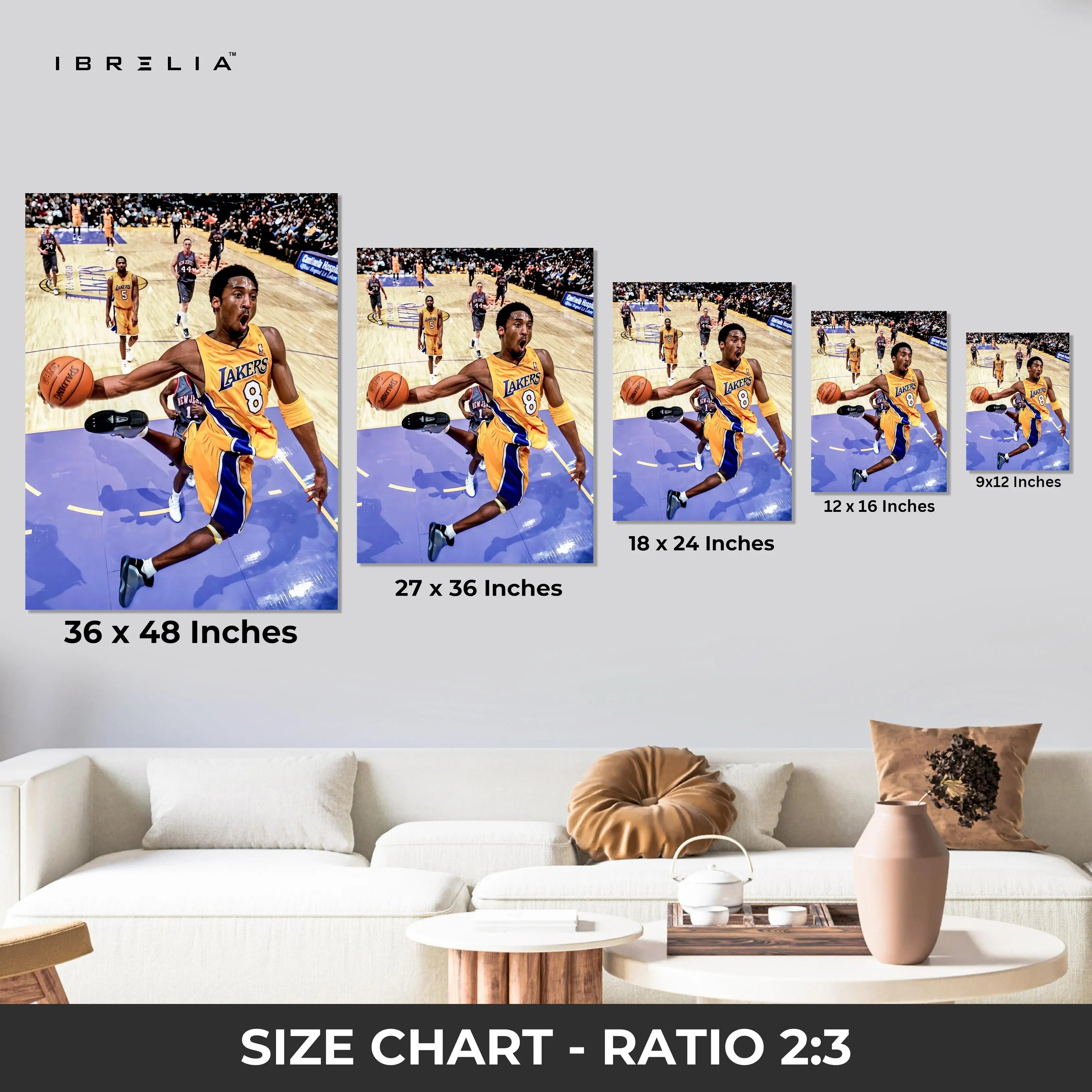 Kobe Bryant Dunk Wall Art – Lakers No.8 Canvas Frame | Basketball Action Poster Pakistan | IBRELIA™ IBRELIA