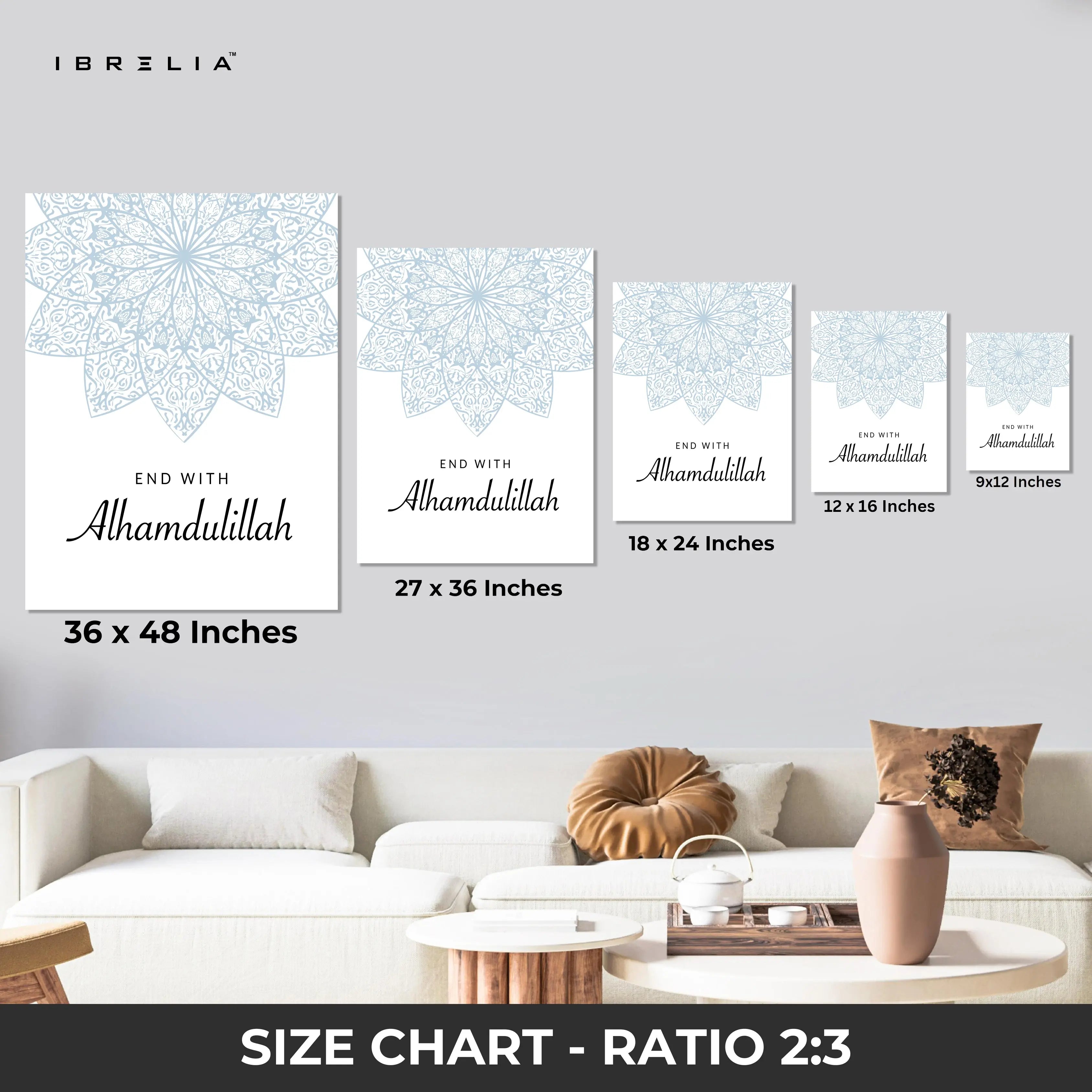 End With Alhamdulillah Islamic Wall Art – Soft Blue Mandala Design | 4K Ultra Wrap Frame Wall Art in Pakistan | IBRELIA™ IBRELIA