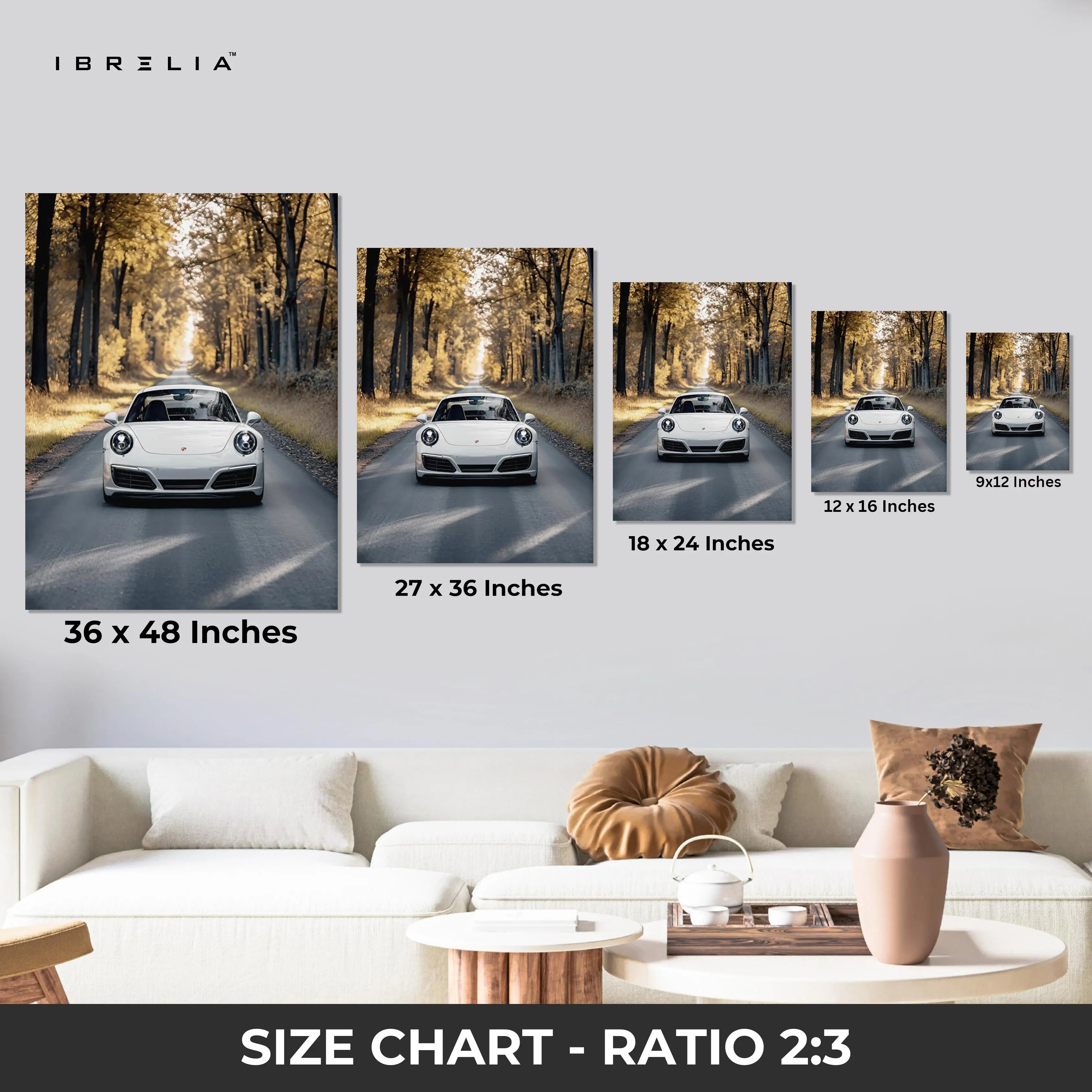 Porsche Forest Drive Art – Luxury Supercar Autumn Road Wall Art | 4K Ultra Wrap Frame Wall Art in Pakistan | IBRELIA™ IBRELIA