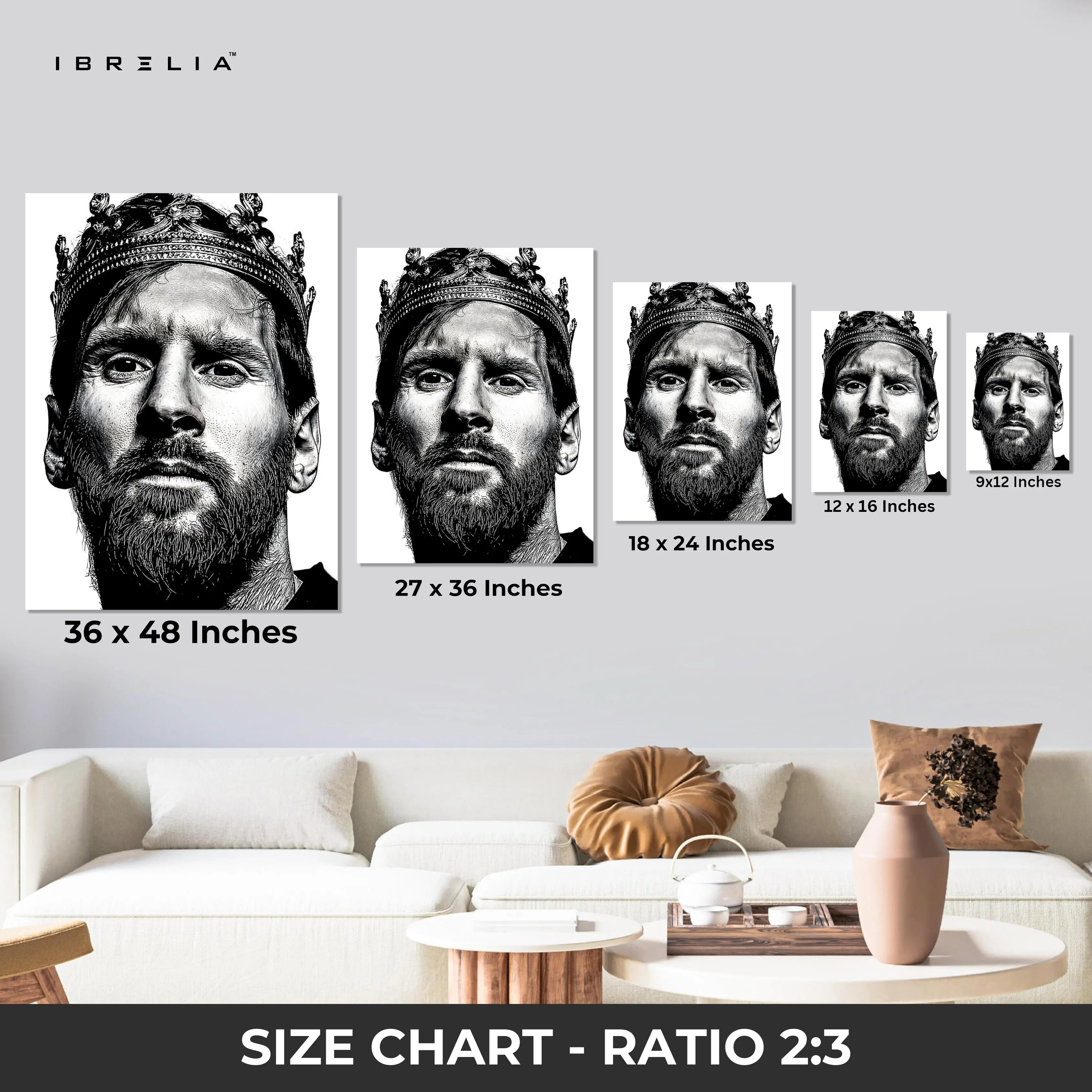 Lionel Messi Crown Portrait Wall Art – Black & White King Messi Canvas Frame | Football Legend Poster Pakistan | IBRELIA™ IBRELIA