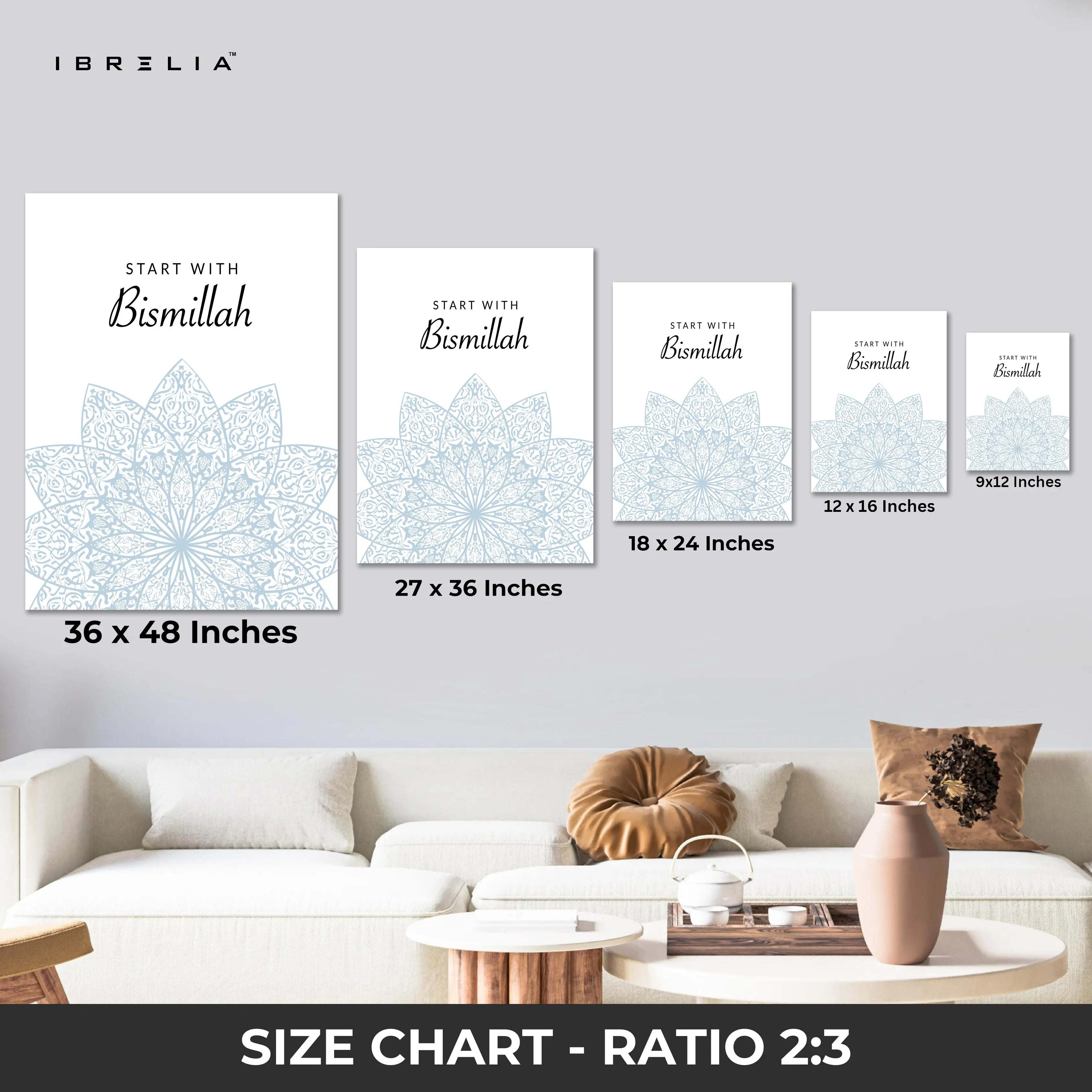 Start With Bismillah Islamic Wall Art – Soft Blue Mandala Design | 4K Ultra Wrap Frame Wall Art in Pakistan | IBRELIA™ IBRELIA