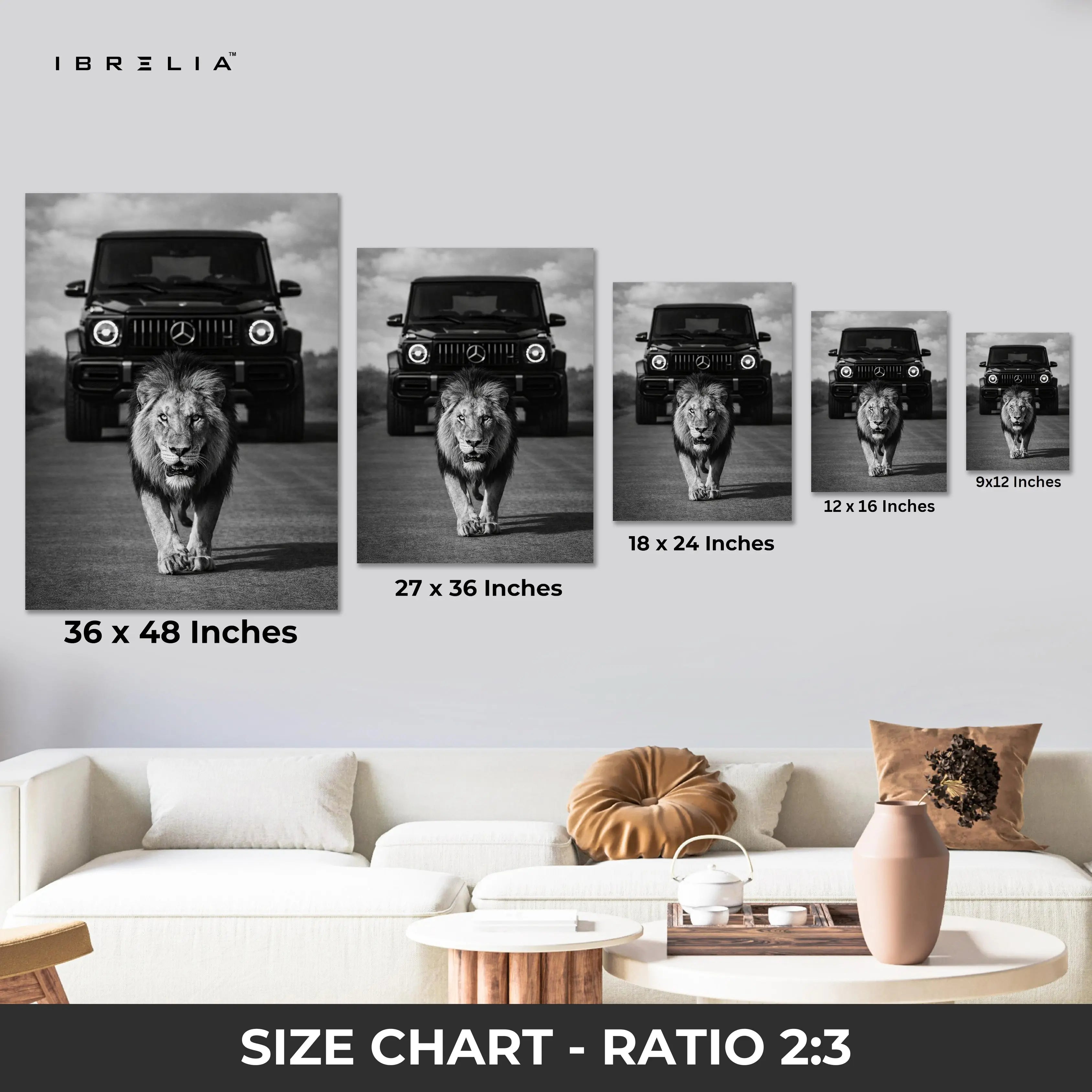 Lion & G Wagon Power Wall Art – Luxury Beast Black & White Canvas Frame | Bold Animal Car Poster Pakistan | IBRELIA™ IBRELIA