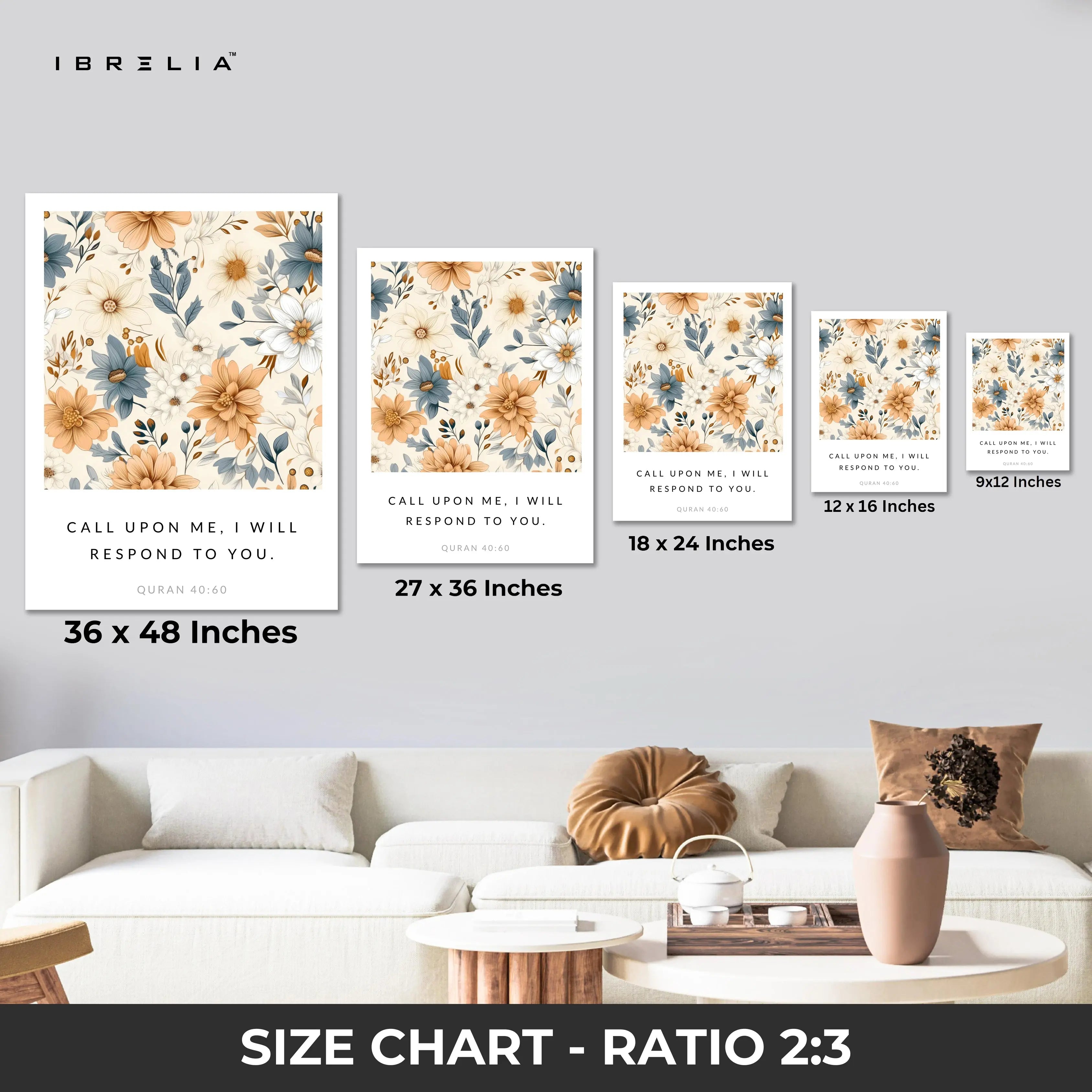 Call Upon Me Quran 40:60 Islamic Wall Art – Floral Botanical Design | 4K Ultra Wrap Frame Wall Art in Pakistan | IBRELIA™ IBRELIA