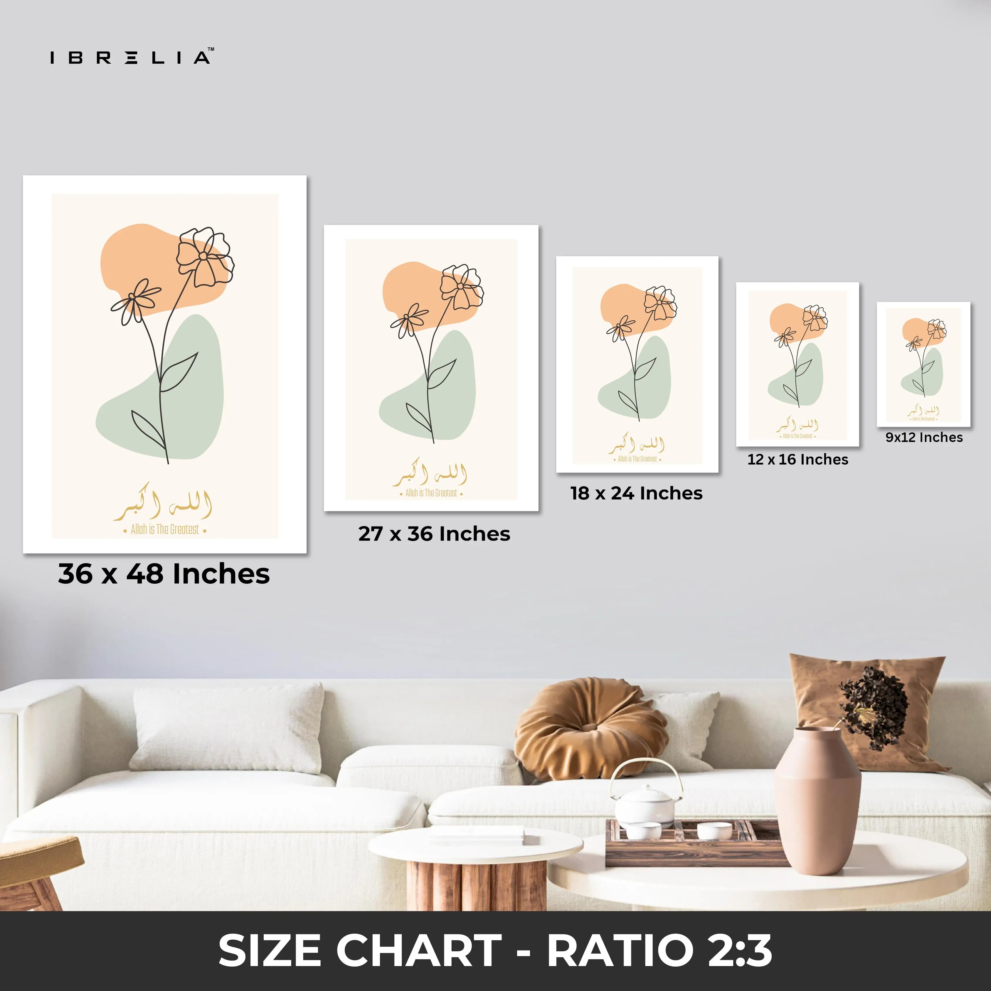 Allahu Akbar Minimal Floral Line Art – Modern Islamic Wall Art | 4K Ultra Wrap Frame Wall Art in Pakistan | IBRELIA™ IBRELIA