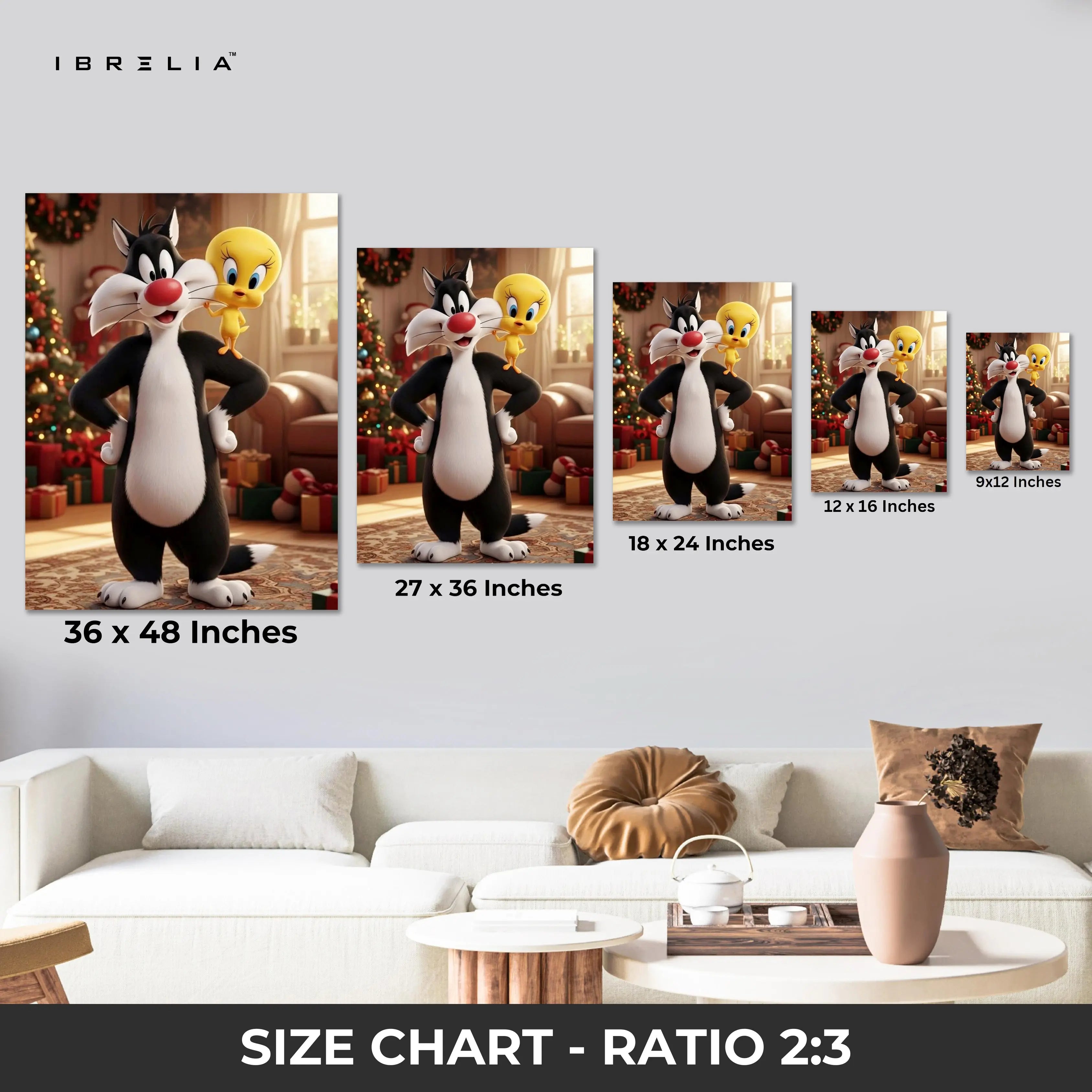 Sylvester & Tweety Wall Art – Cartoon Character Canvas Frame | Cute Animated Poster Pakistan | IBRELIA™ IBRELIA