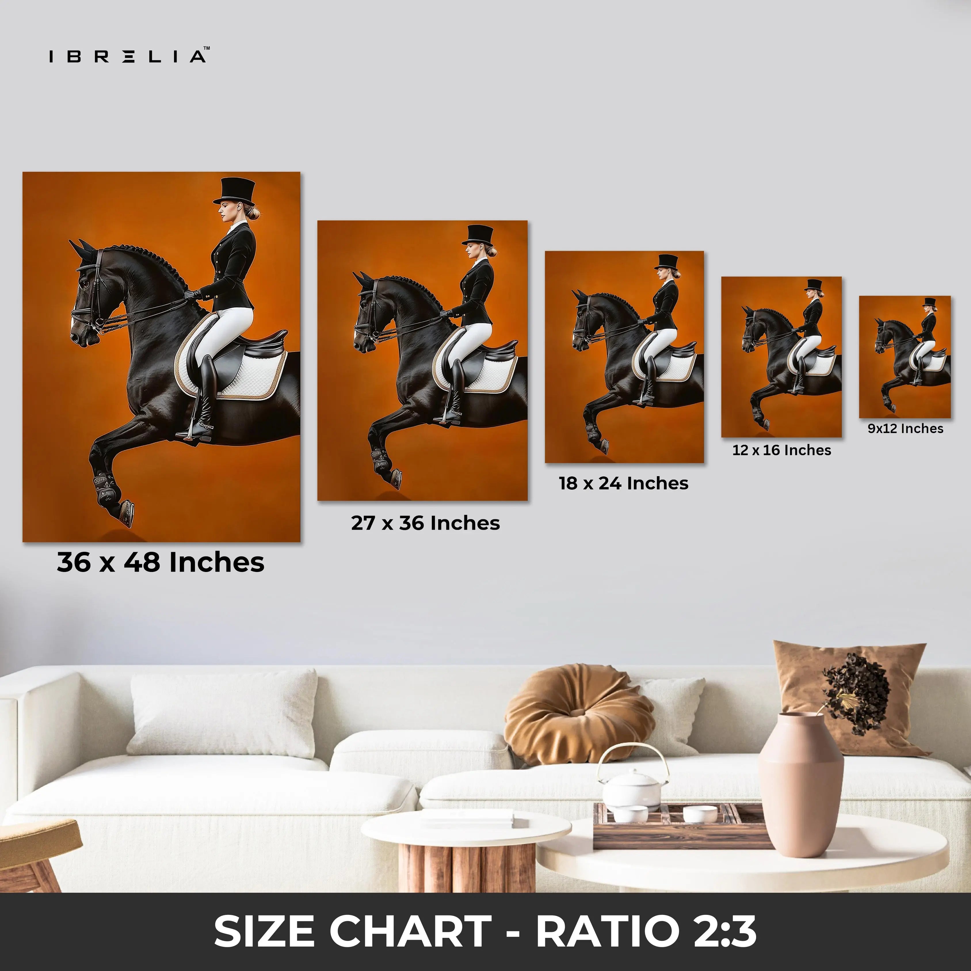 Royal Dressage Elegance Art – Black Horse Rider Luxury Minimal Wall Art | 4K Ultra Wrap Frame Wall Art in Pakistan | IBRELIA™ IBRELIA