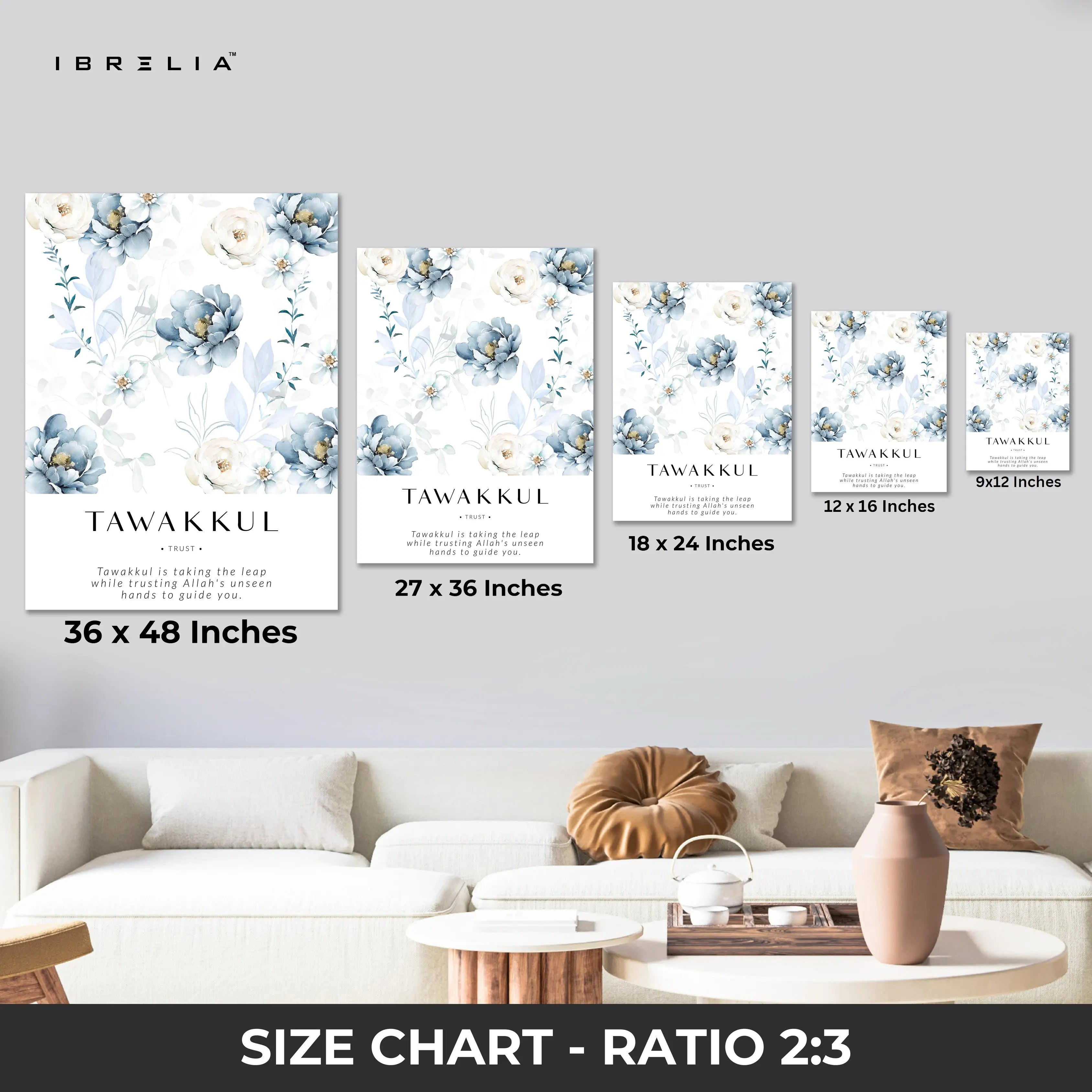 Tawakkul Islamic Wall Art – Blue Floral Trust Design | 4K Ultra Wrap Frame Wall Art in Pakistan | IBRELIA™ IBRELIA