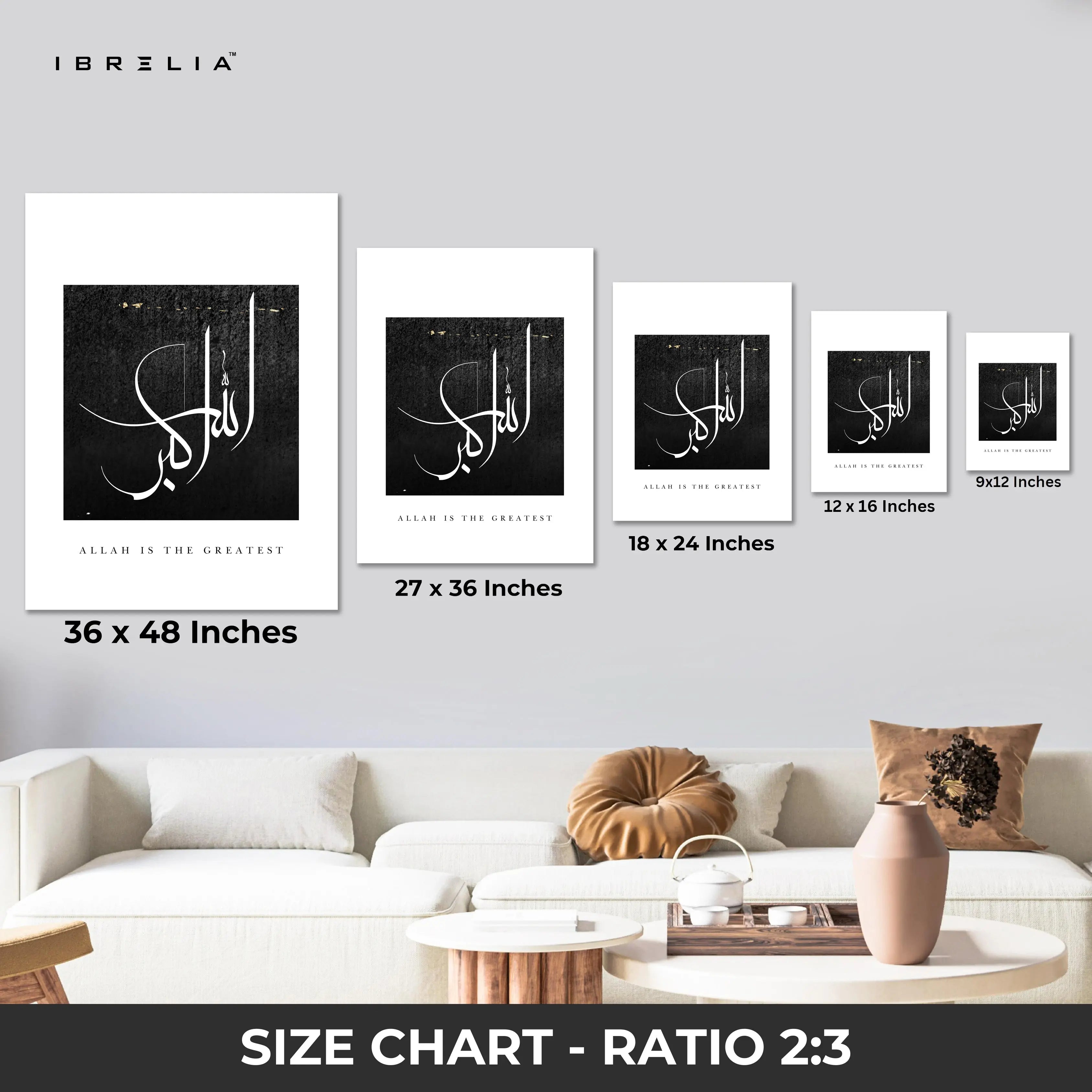 Allahu Akbar Islamic Calligraphy Wall Art – Black Minimal Greatness Design | 4K Ultra Wrap Frame Wall Art in Pakistan | IBRELIA™ IBRELIA