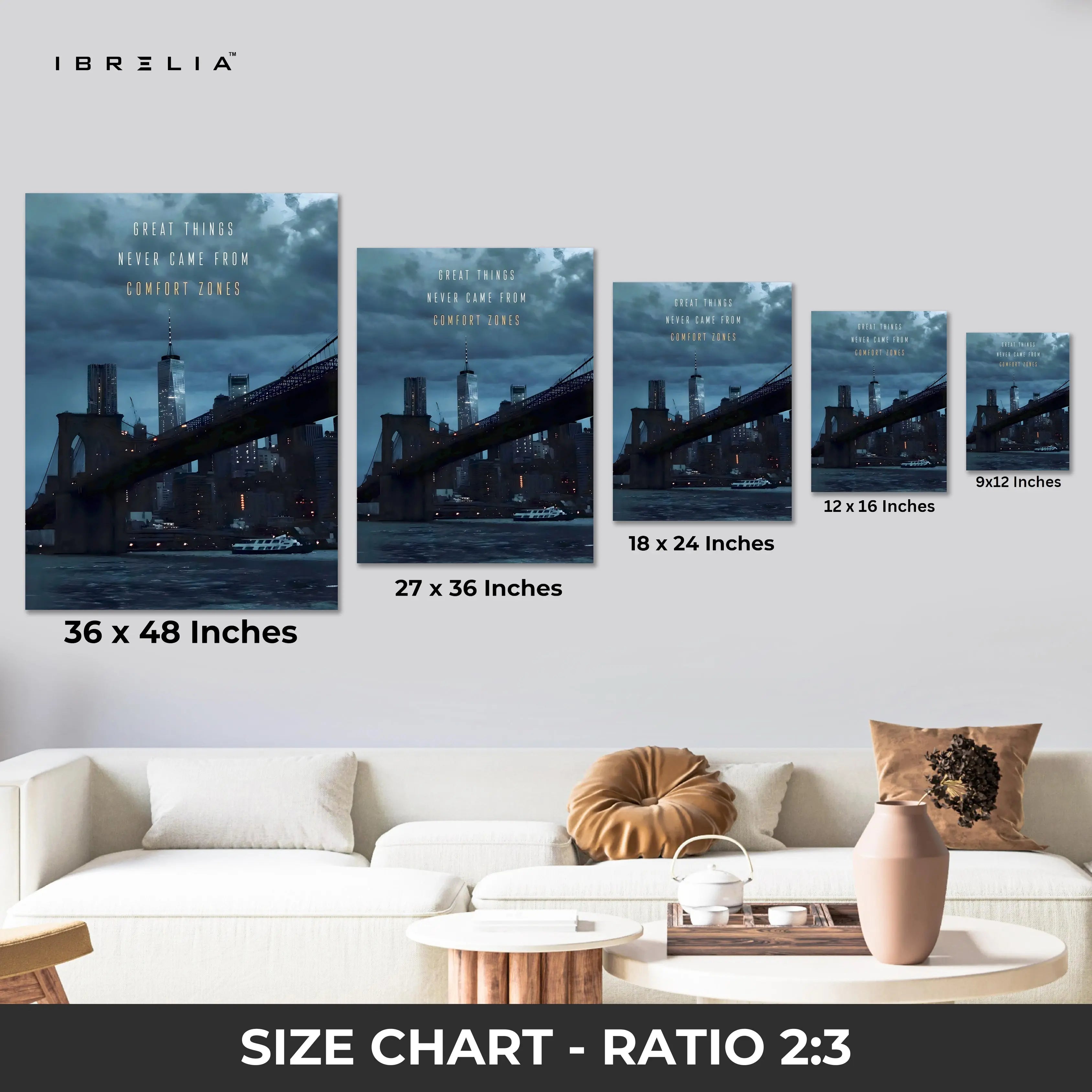 Great Things Never Came From Comfort Zones Wall Art – Motivational Cityscape Canvas Frame | Inspirational Quote Poster Pakistan | IBRELIA™ IBRELIA