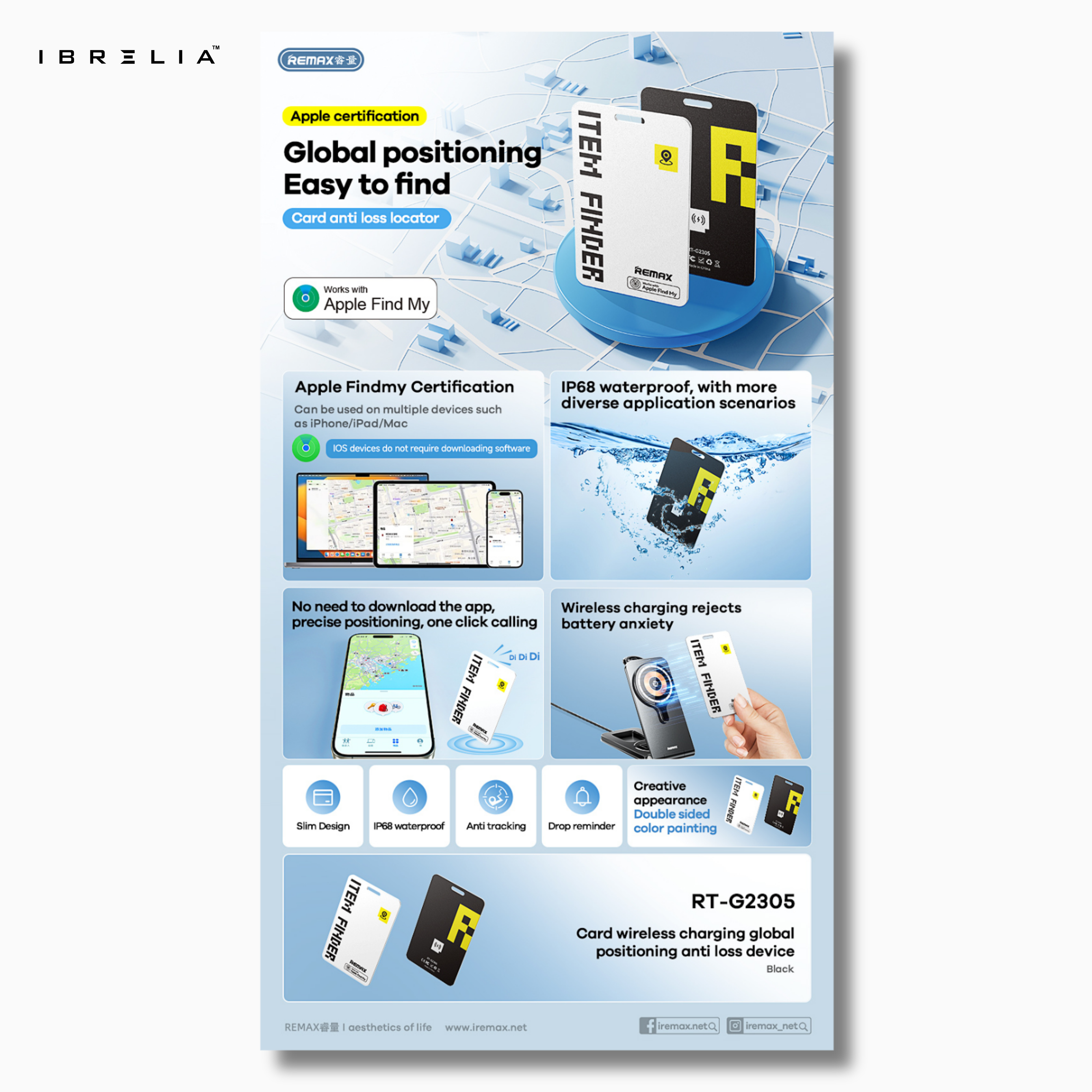 Remax RT-G2305 Smart Anti-Loss Card Tracker | Works with Apple Find My | Ultra-Slim GPS Finder | Wireless Charging | IBRELIA™