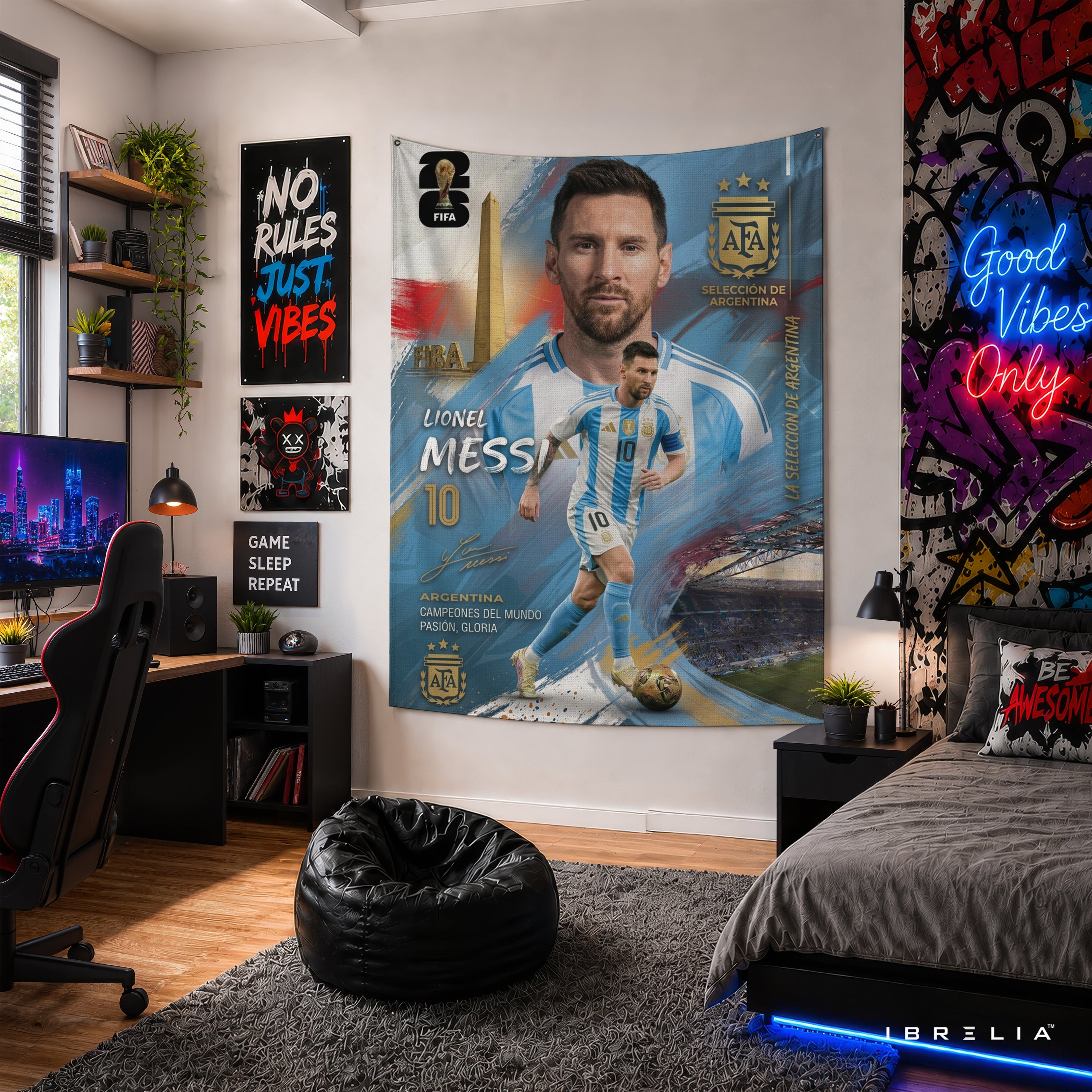 Lionel Messi Argentina Champion Edition Wall Tapestry | Premium Heavyweight Jute Fabric Wall Hanging