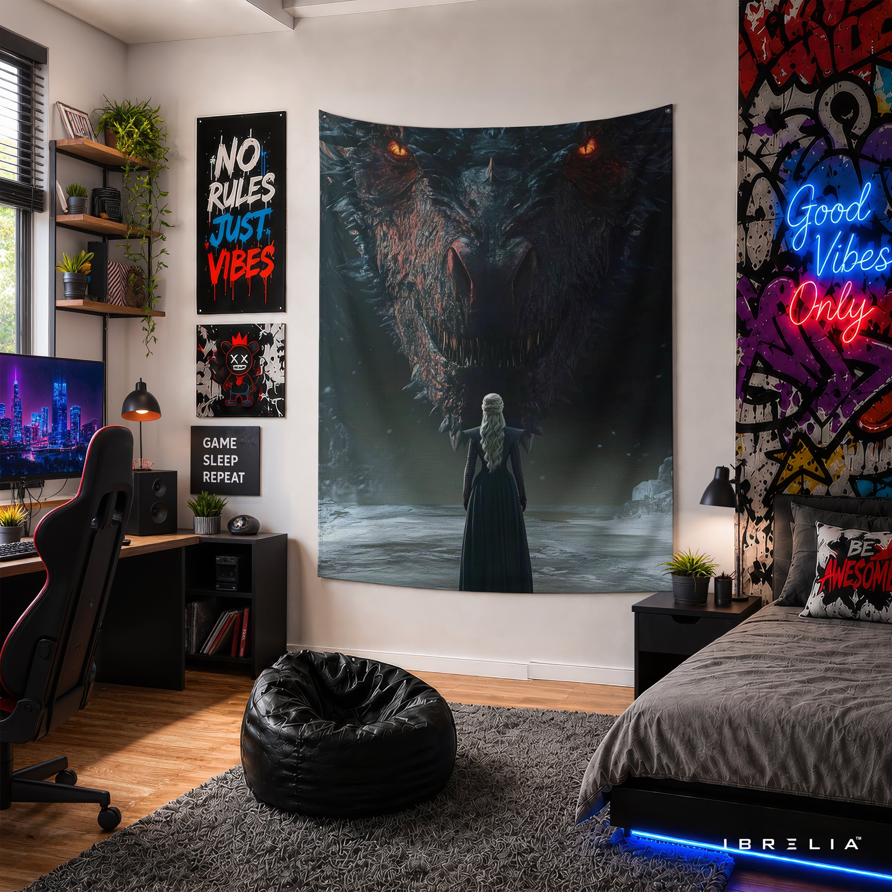Daenerys & Drogon Game of Thrones Wall Tapestry | Premium Heavyweight Jute Fabric Wall Hanging