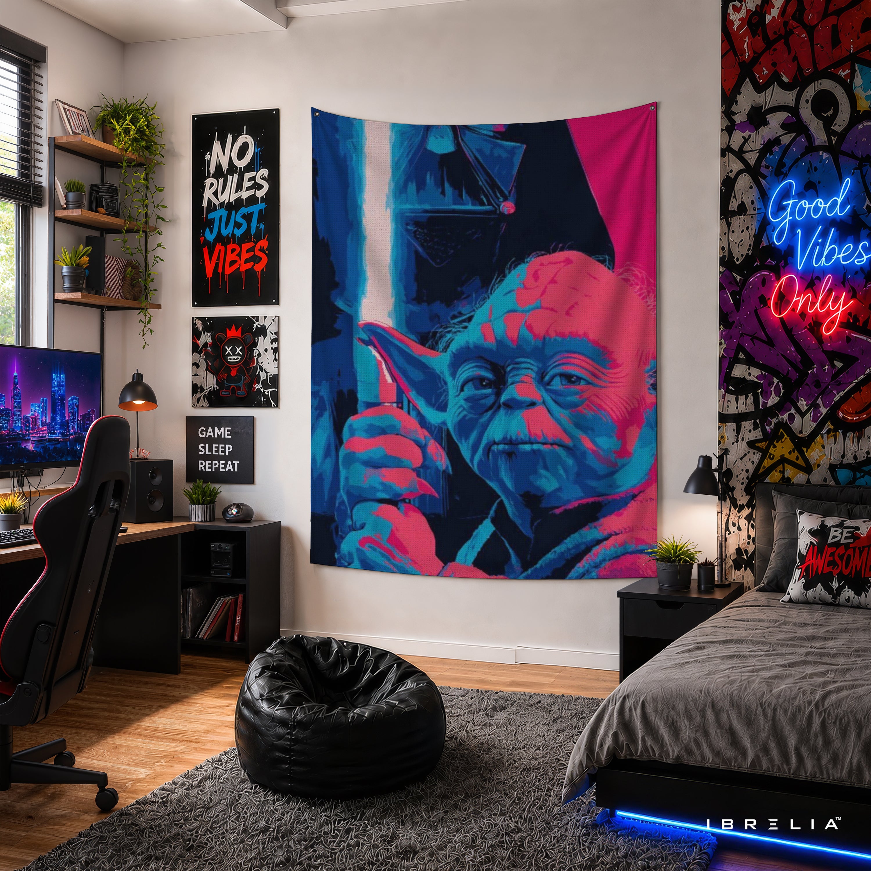 Yoda & Darth Vader Neon Pop Art Wall Tapestry – Star Wars Sci-Fi Wall Hanging