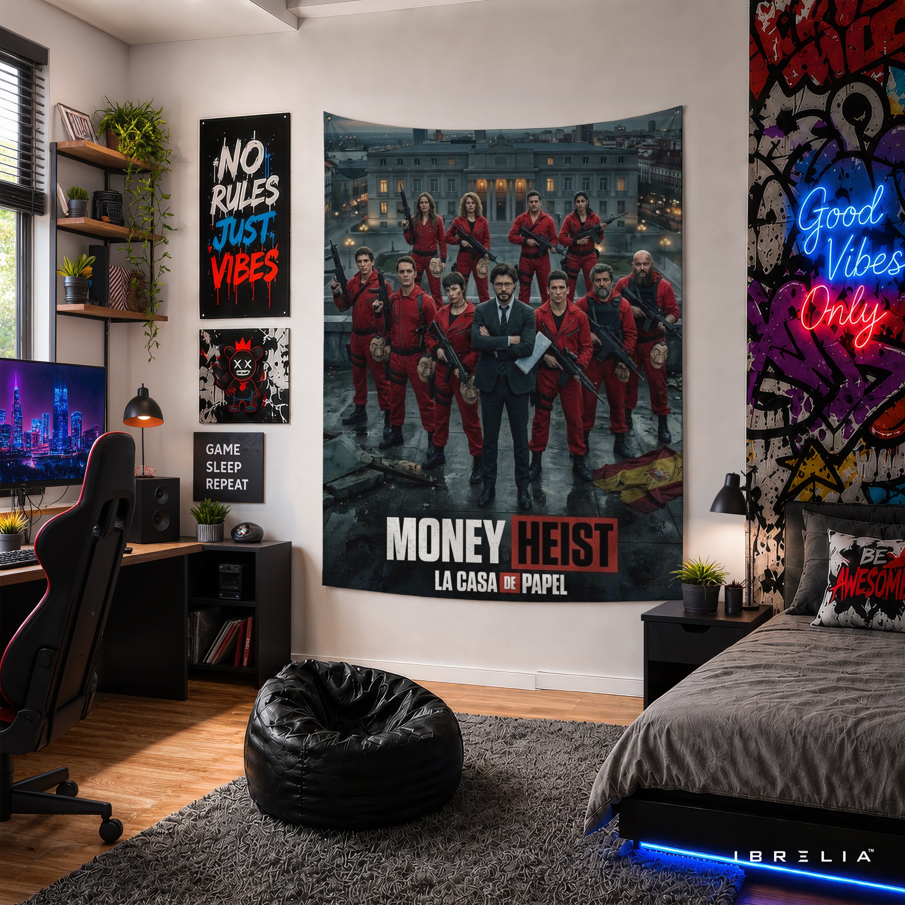 Money Heist (La Casa de Papel) Team Wall Tapestry | Premium Heavyweight Jute Fabric Wall Hanging