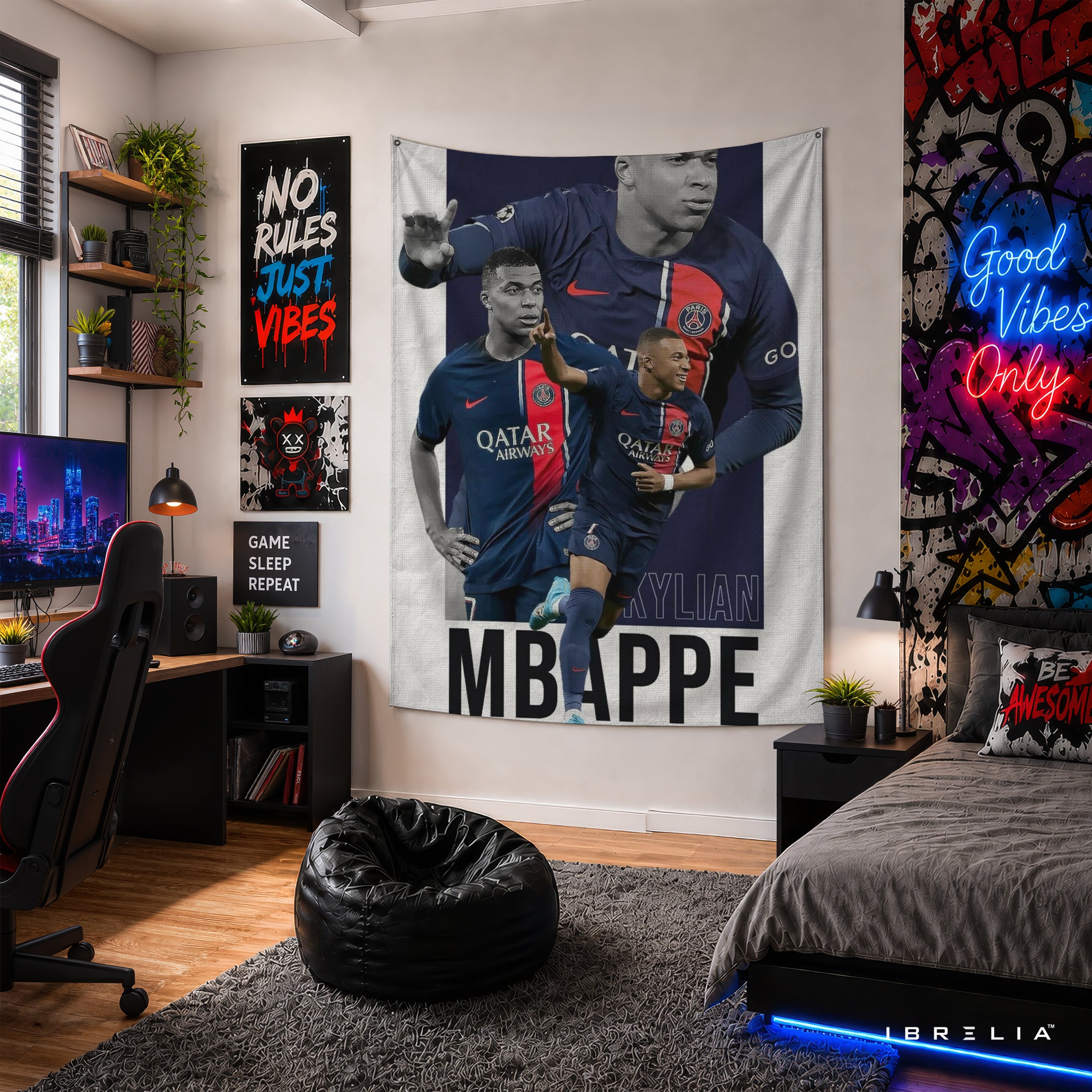 Kylian Mbappé PSG Collage Wall Tapestry | Premium Heavyweight Jute Fabric Wall Hanging