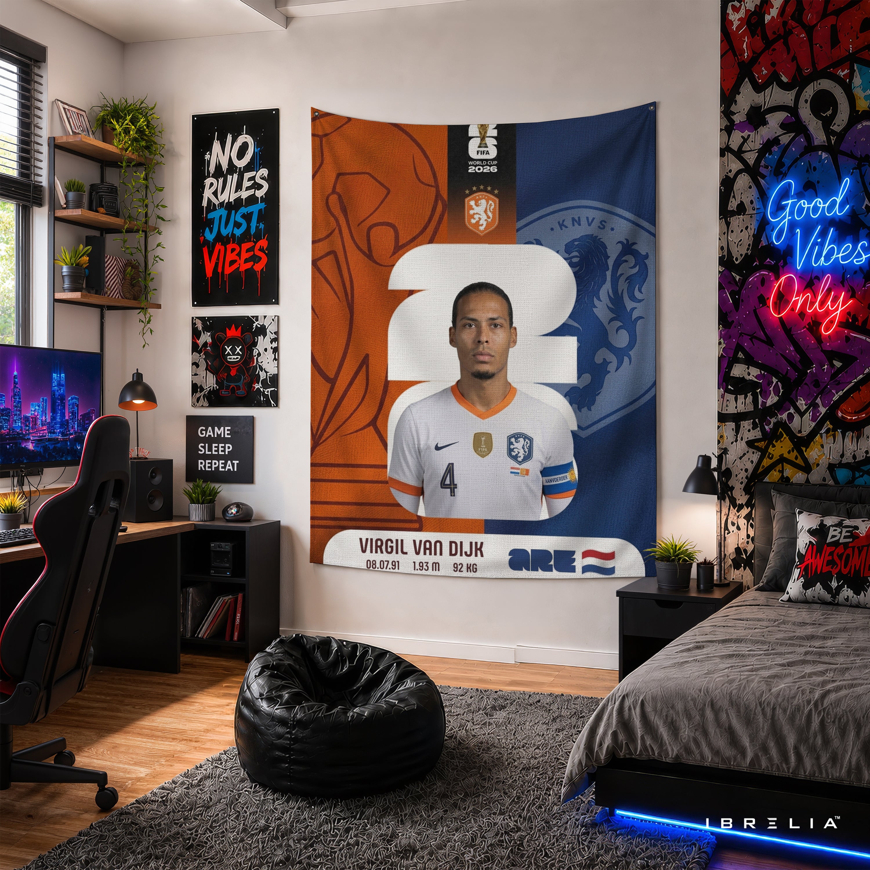 Virgil van Dijk Netherlands World Cup 2026 Wall Tapestry | Premium Heavyweight Jute Fabric Wall Hanging