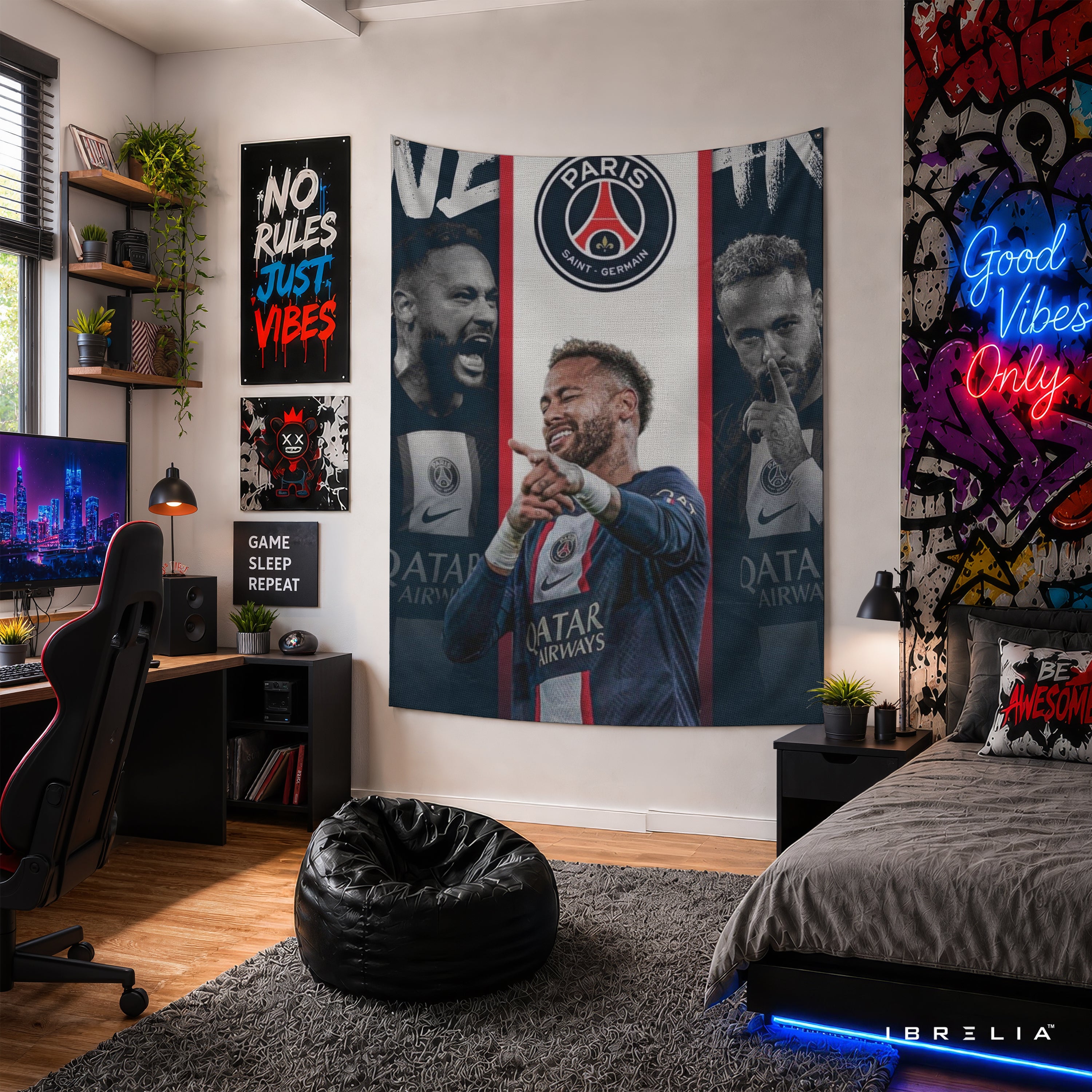 Neymar PSG Triple Portrait Wall Tapestry | Premium Heavyweight Jute Fabric Wall Hanging