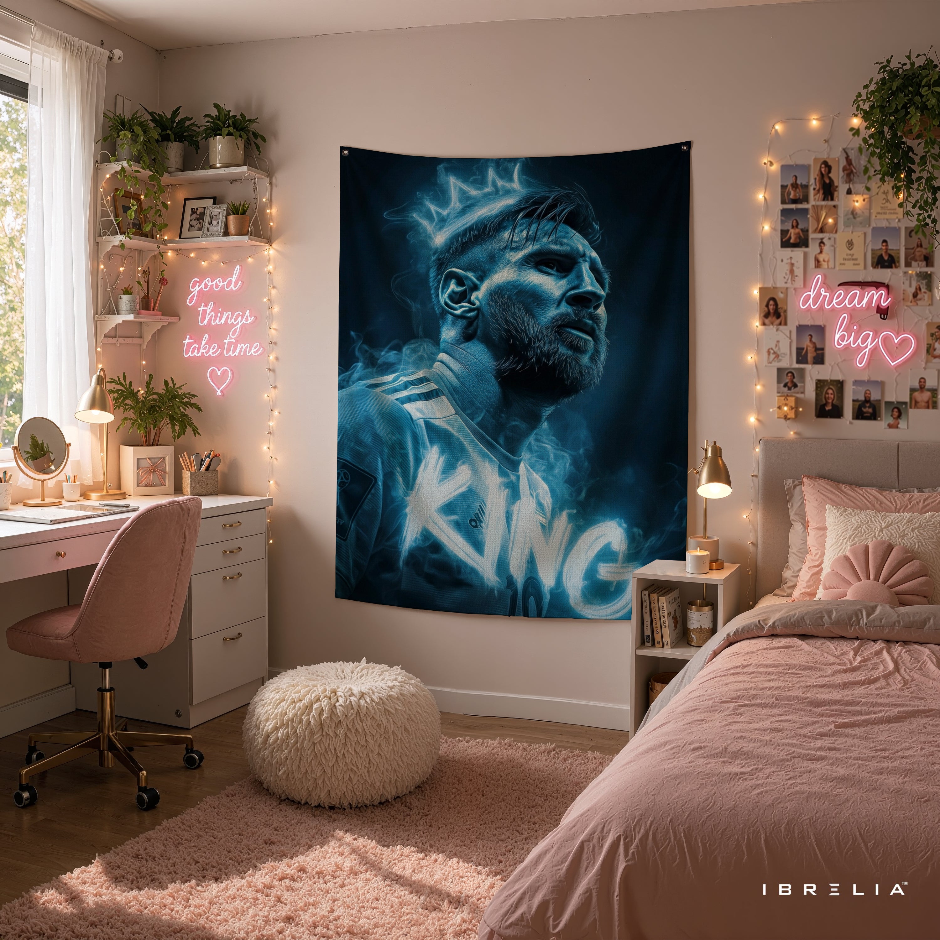 Lionel Messi King Neon Wall Tapestry | Premium Heavyweight Jute Fabric Wall Hanging