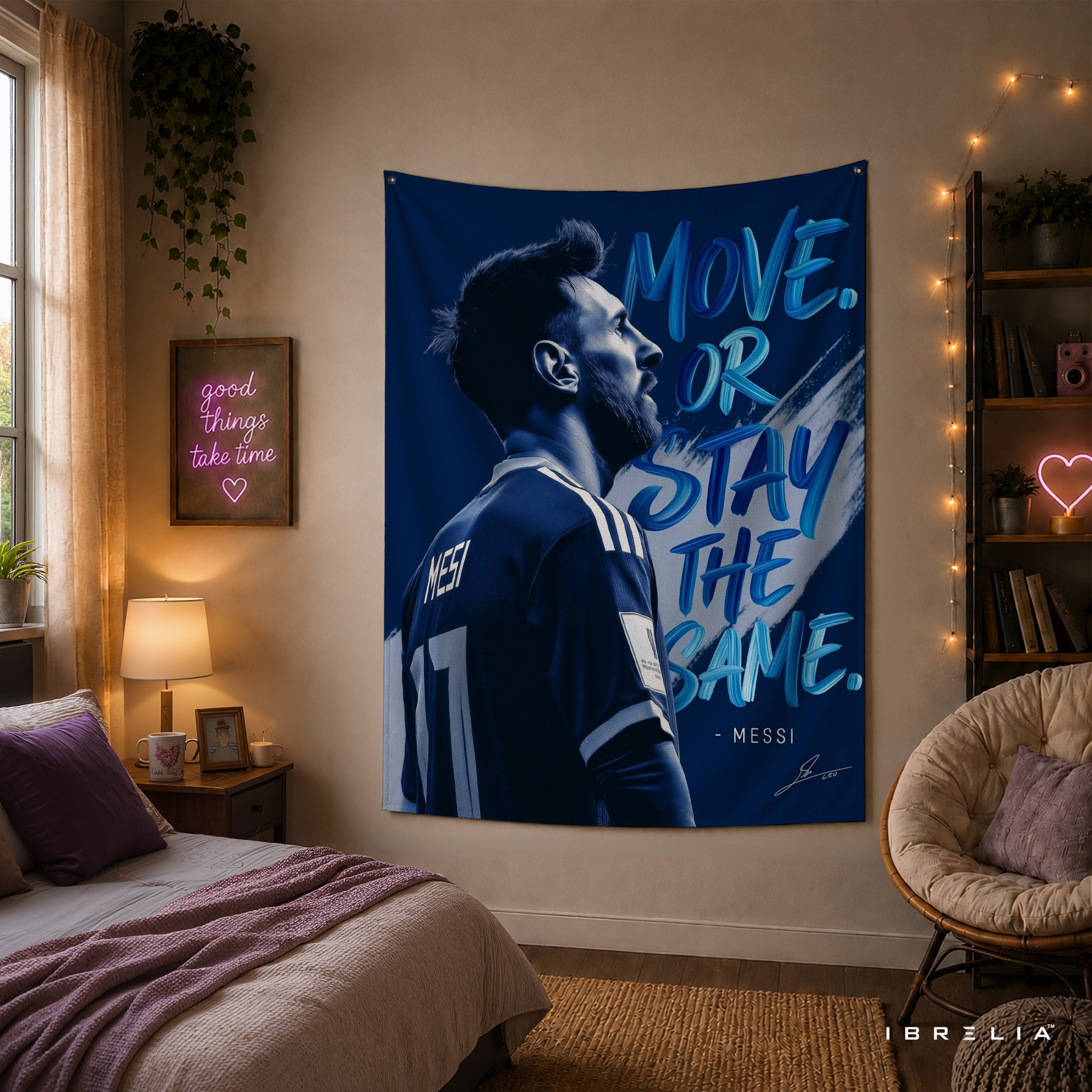 Lionel Messi Move or Stay the Same Wall Tapestry | Premium Heavyweight Jute Fabric Wall Hanging