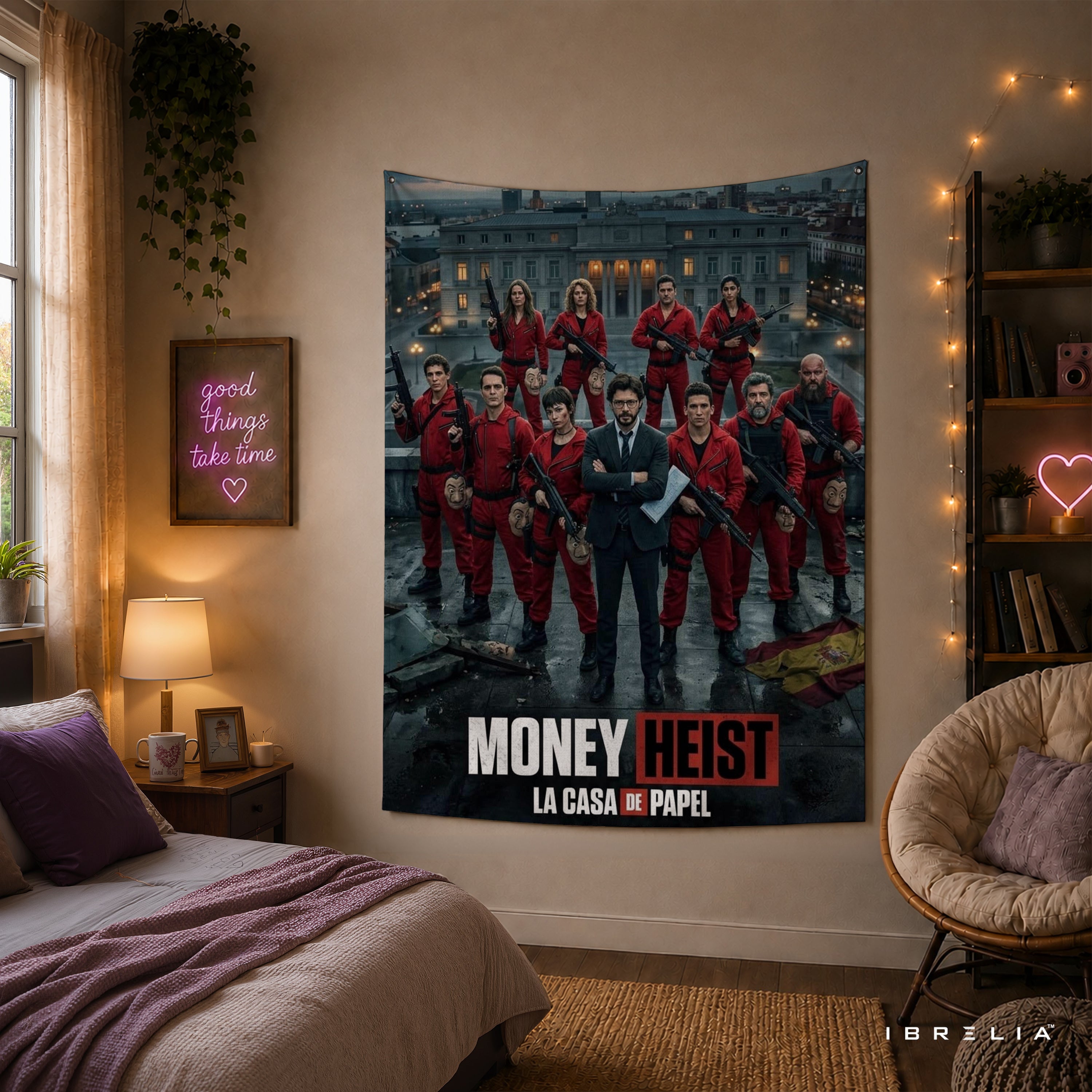 Money Heist (La Casa de Papel) Team Wall Tapestry | Premium Heavyweight Jute Fabric Wall Hanging