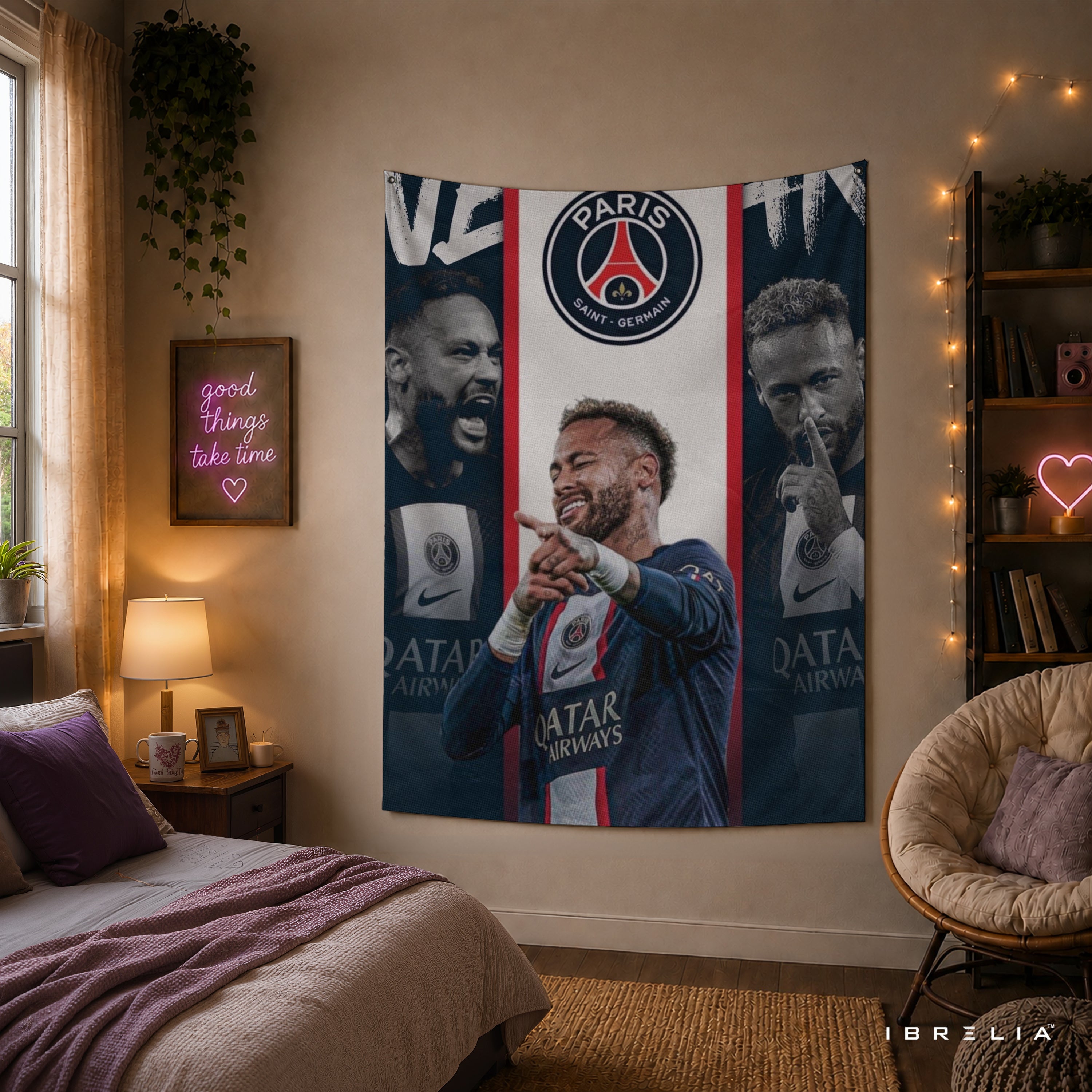 Neymar PSG Triple Portrait Wall Tapestry | Premium Heavyweight Jute Fabric Wall Hanging
