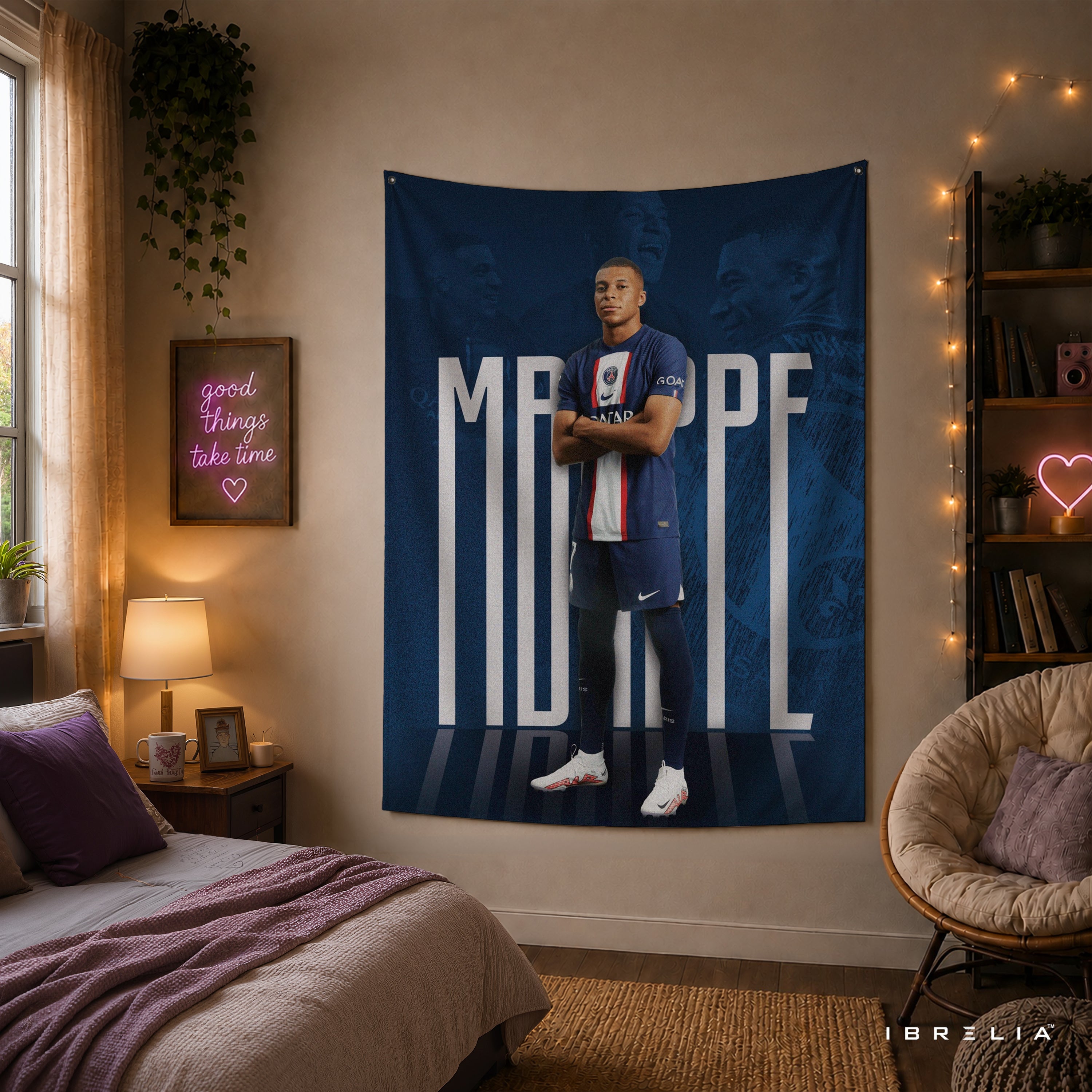 Kylian Mbappé PSG Signature Wall Tapestry | Premium Heavyweight Jute Fabric Wall Hanging