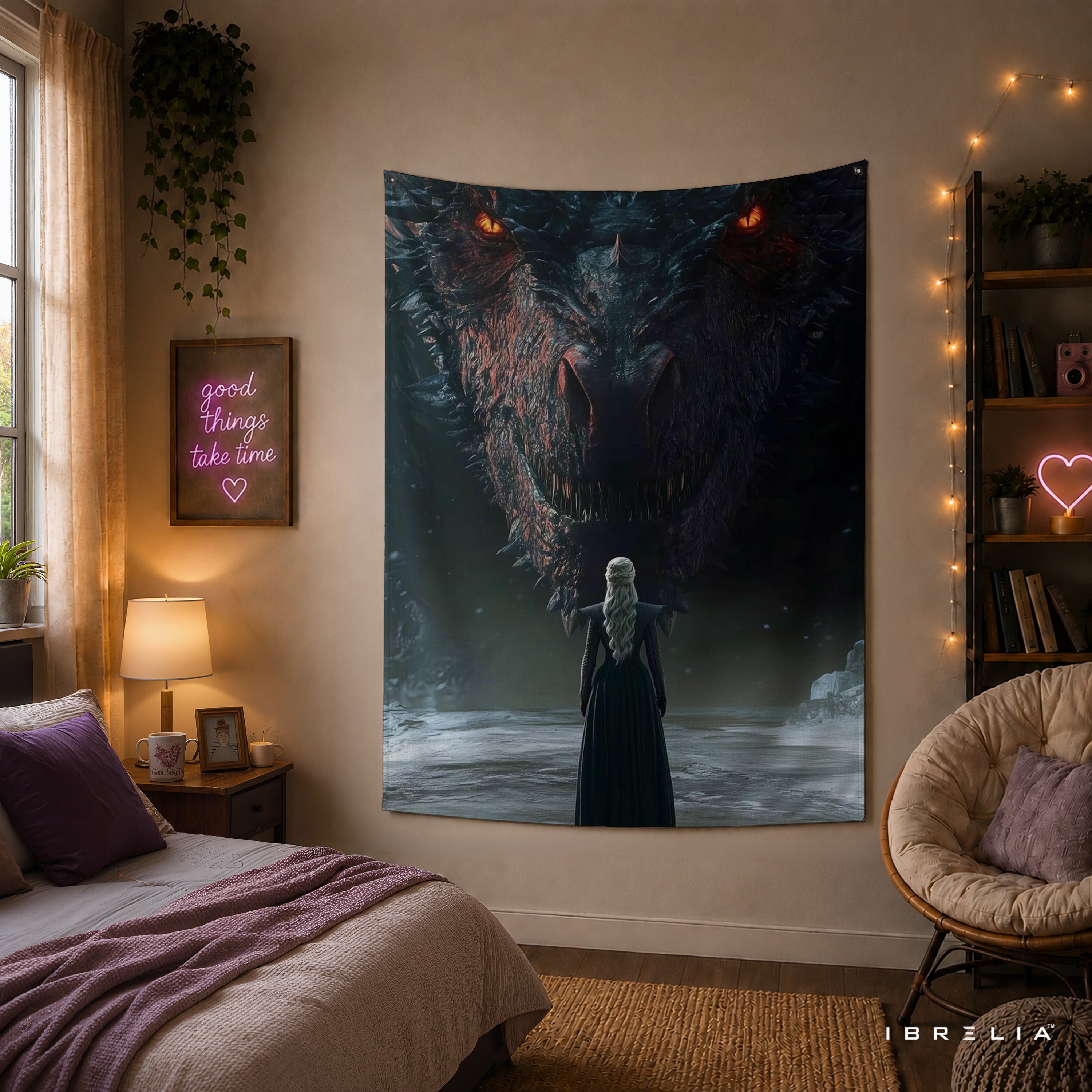 Daenerys & Drogon Game of Thrones Wall Tapestry | Premium Heavyweight Jute Fabric Wall Hanging