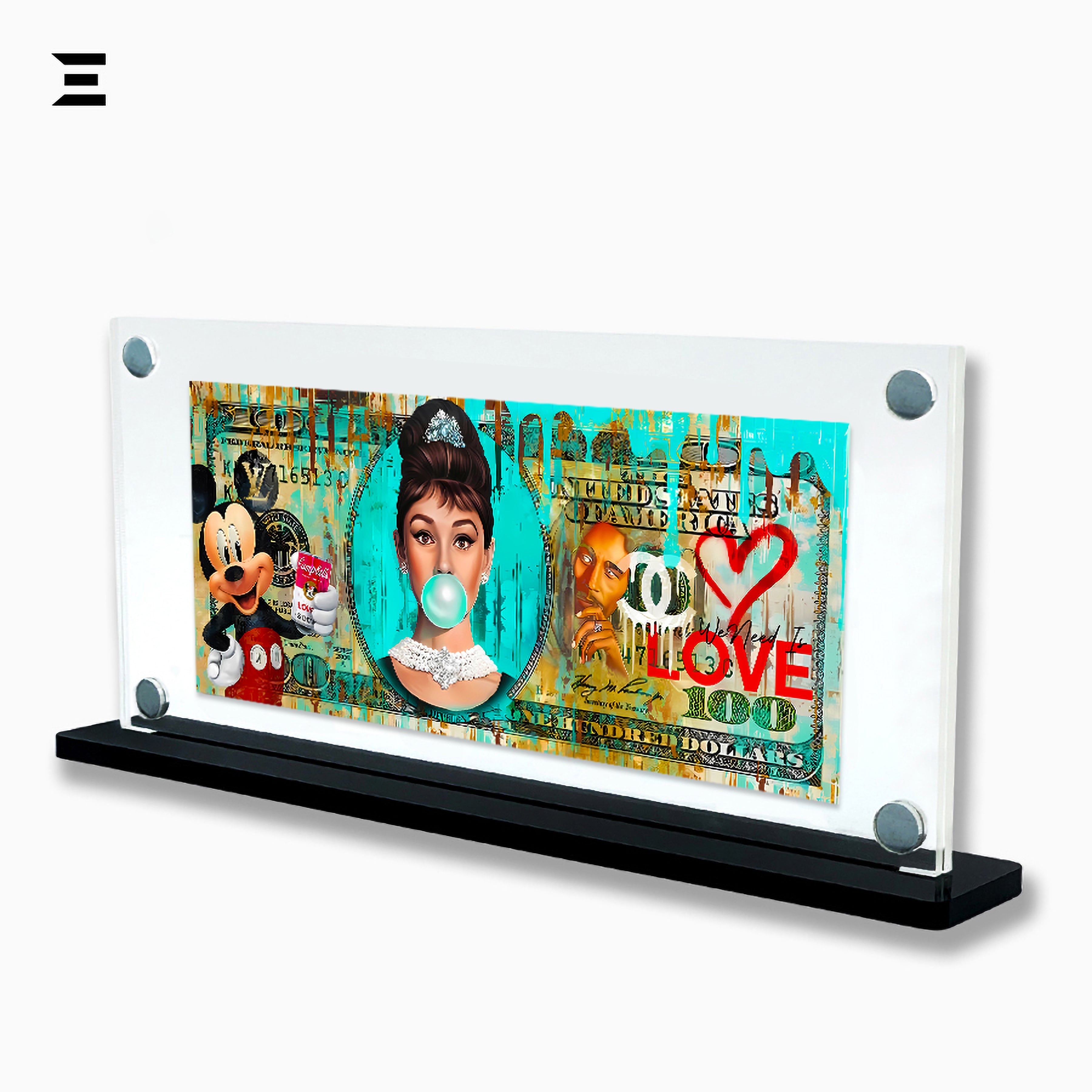 Premium Magnetic Acrylic Frame with Black Base – Audrey Hepburn, Mickey Mouse & LOVE Art IBRELIA