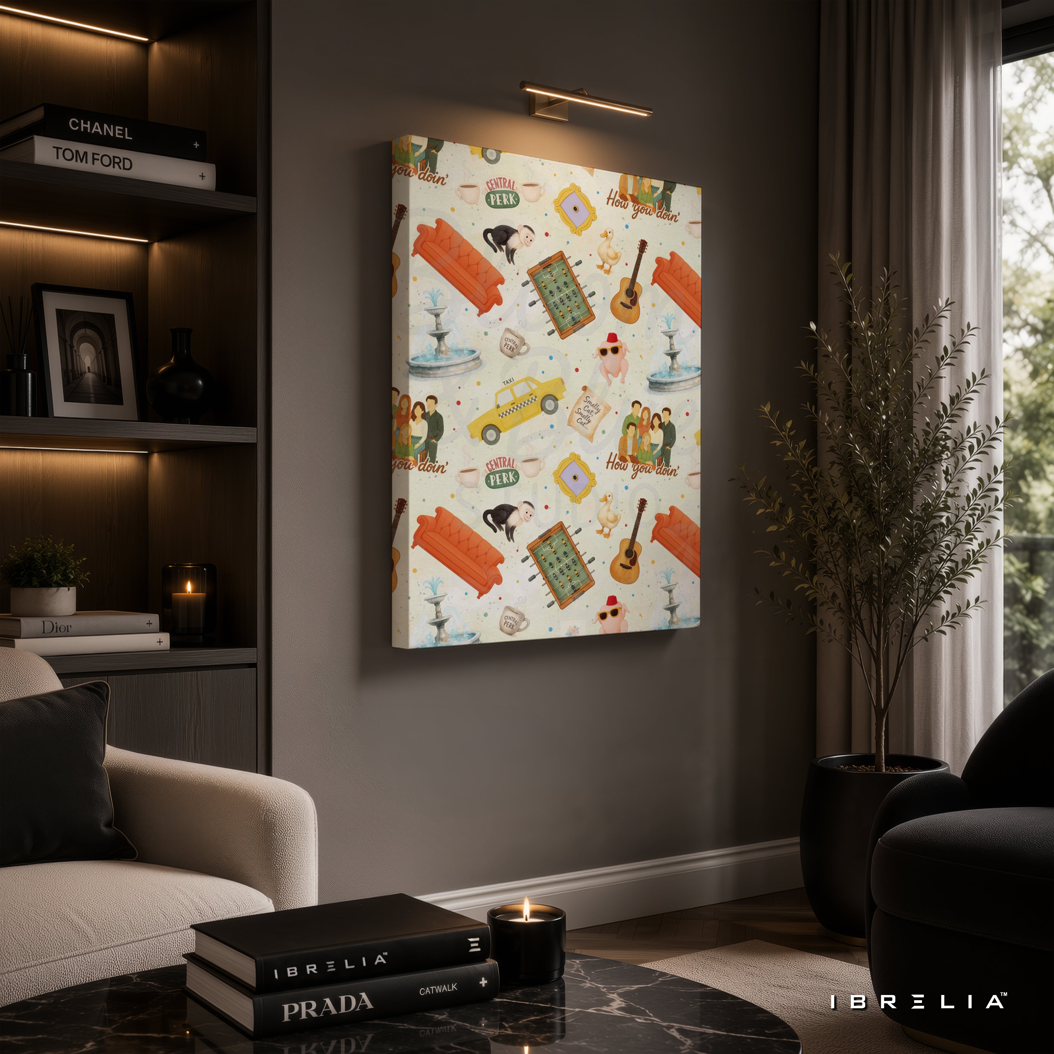Friends Icons Pattern Canvas Wall Art – Friends TV Show Collage Canvas Print | Central Perk Minimalist Wall Decor | IBRELIA™