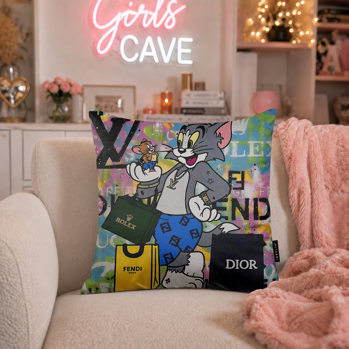 Tom & Jerry Luxury Shopping Fashion Pop Art Cushion | Premium Velvet Suede | Double-Sided Print