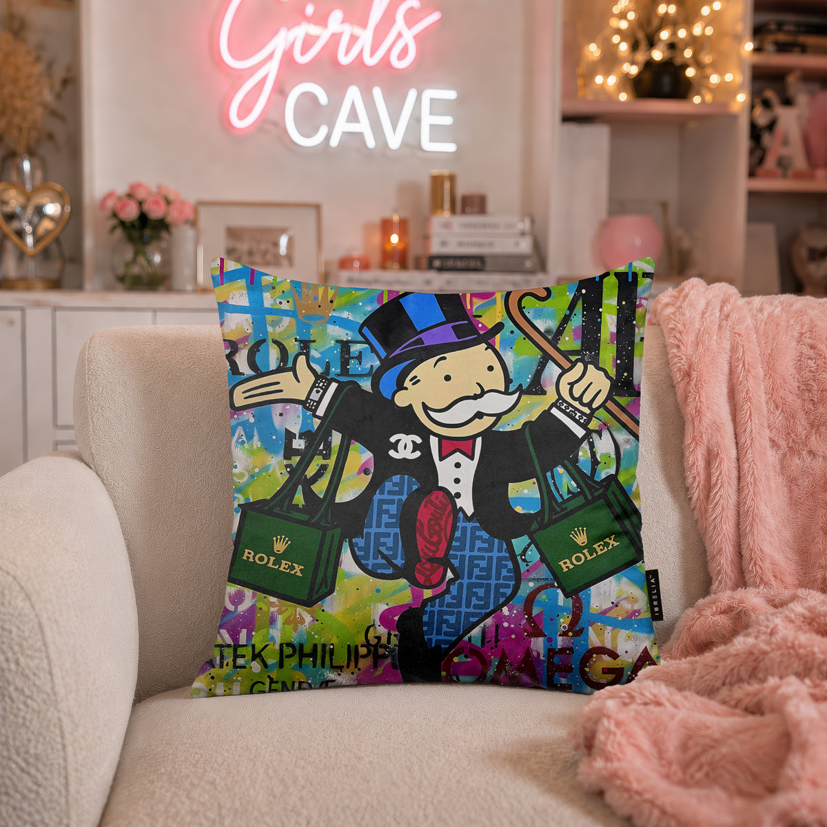 Mr. Monopoly Luxury Shopping Pop Art Cushion | Premium Velvet Suede | Double-Sided Print