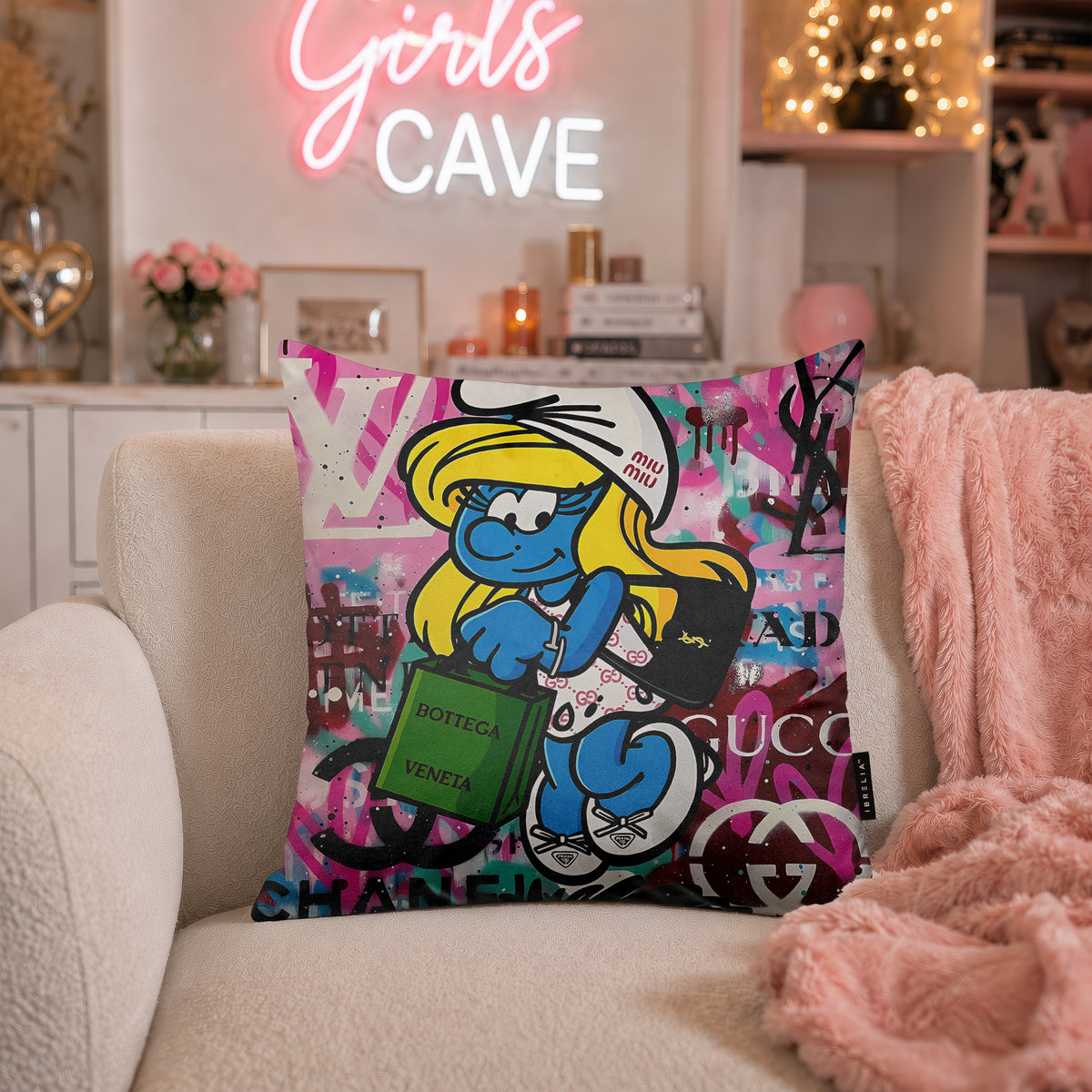 Smurfette Luxury Shopping Pop Art Cushion | Premium Velvet Suede | Double-Sided Print