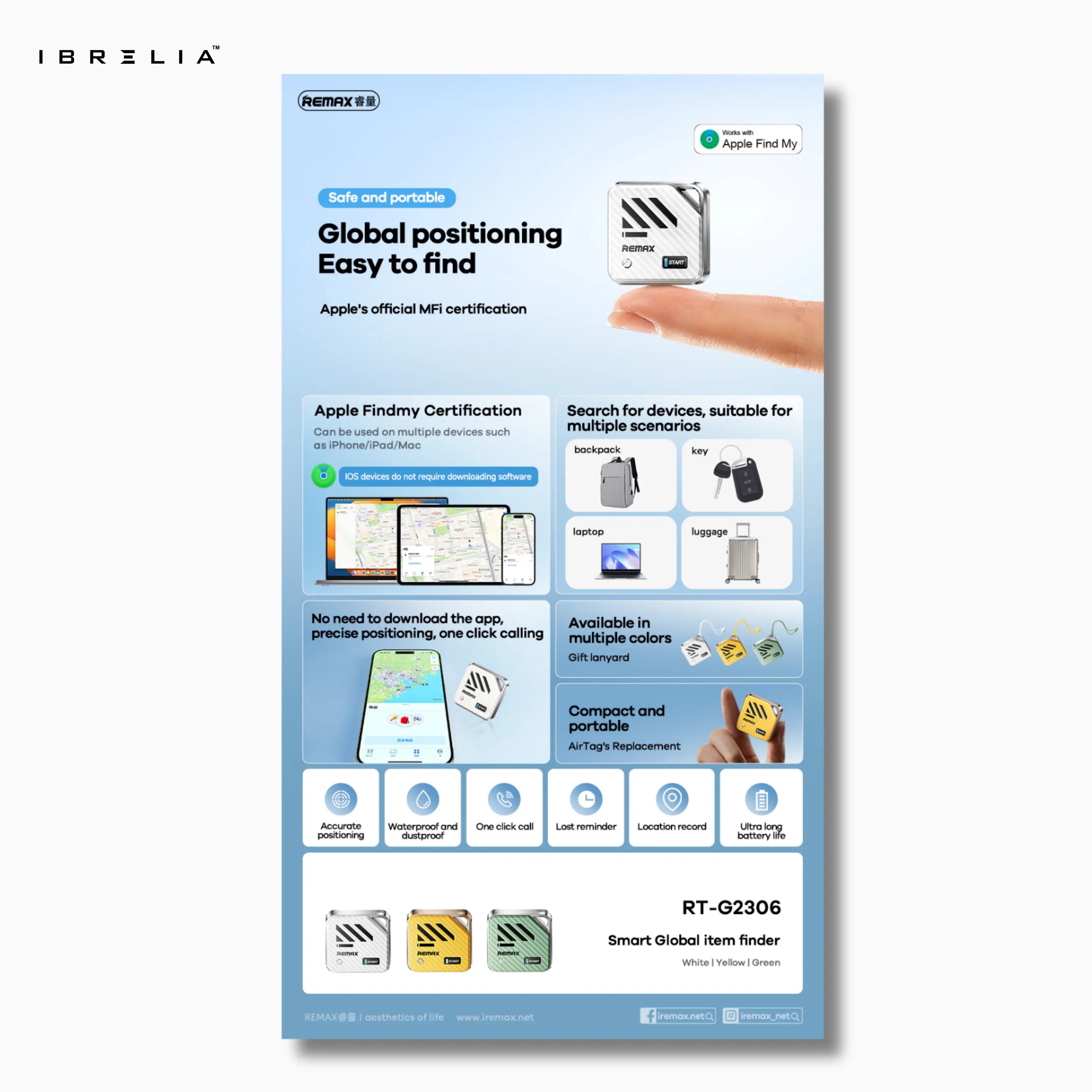 Remax RT-G2306 Smart Global Item Finder | Works with Apple Find My | Anti-Loss GPS Tracker | Ultra-Compact Design | IBRELIA™ IBRELIA
