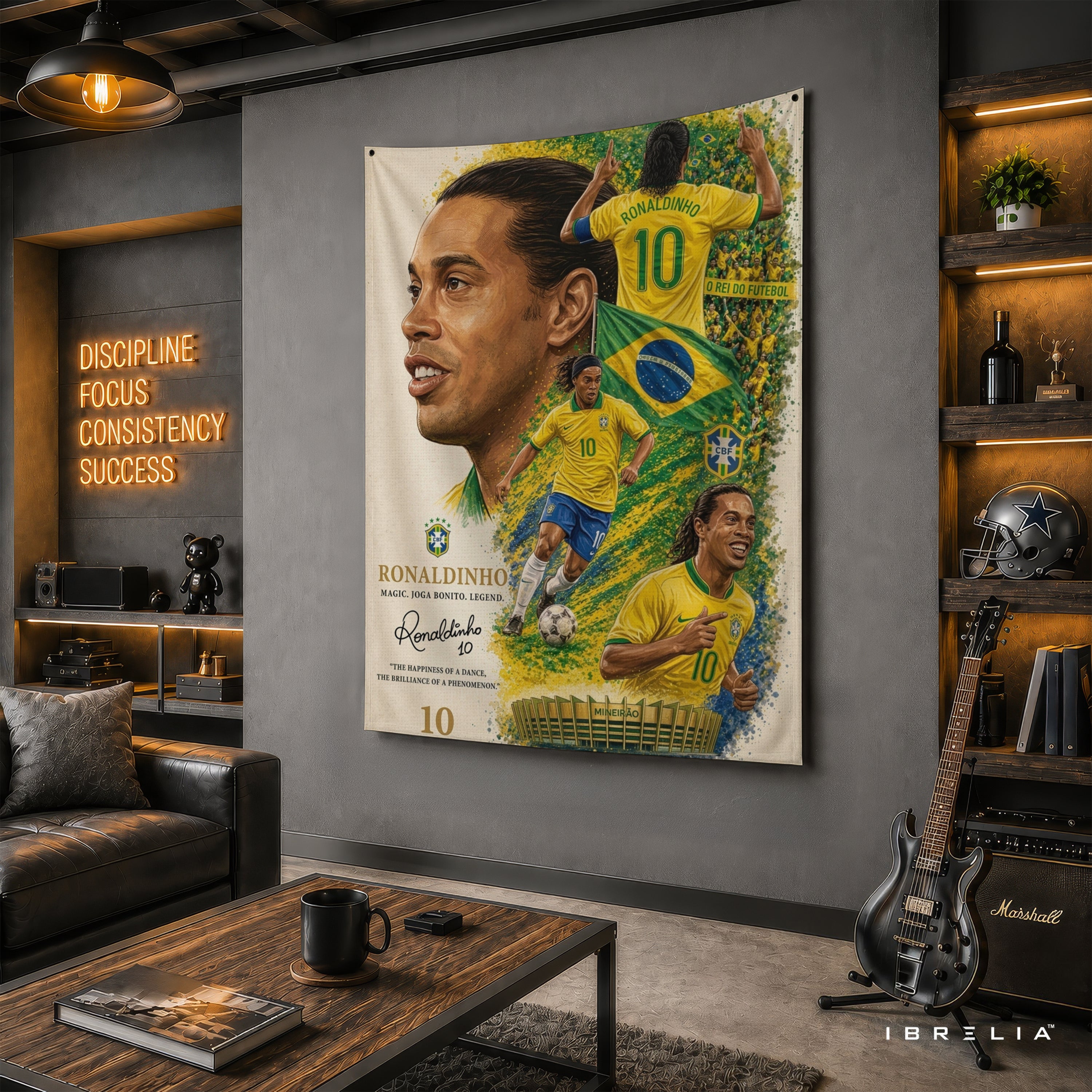 Ronaldinho Brazil Legend Wall Tapestry | Premium Heavyweight Jute Fabric Wall Hanging