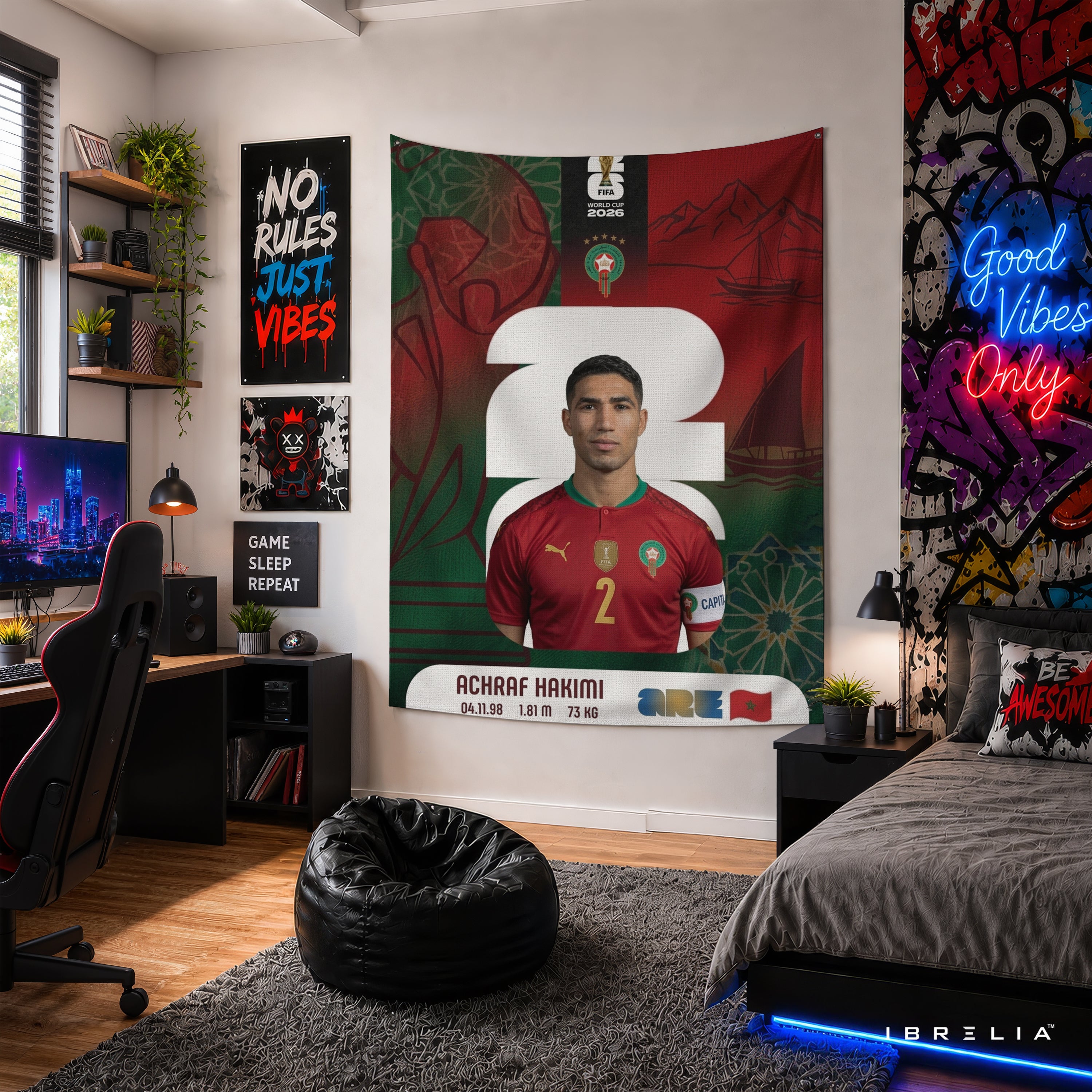 Achraf Hakimi Morocco World Cup 2026 Wall Tapestry | Premium Heavyweight Jute Fabric Wall Hanging
