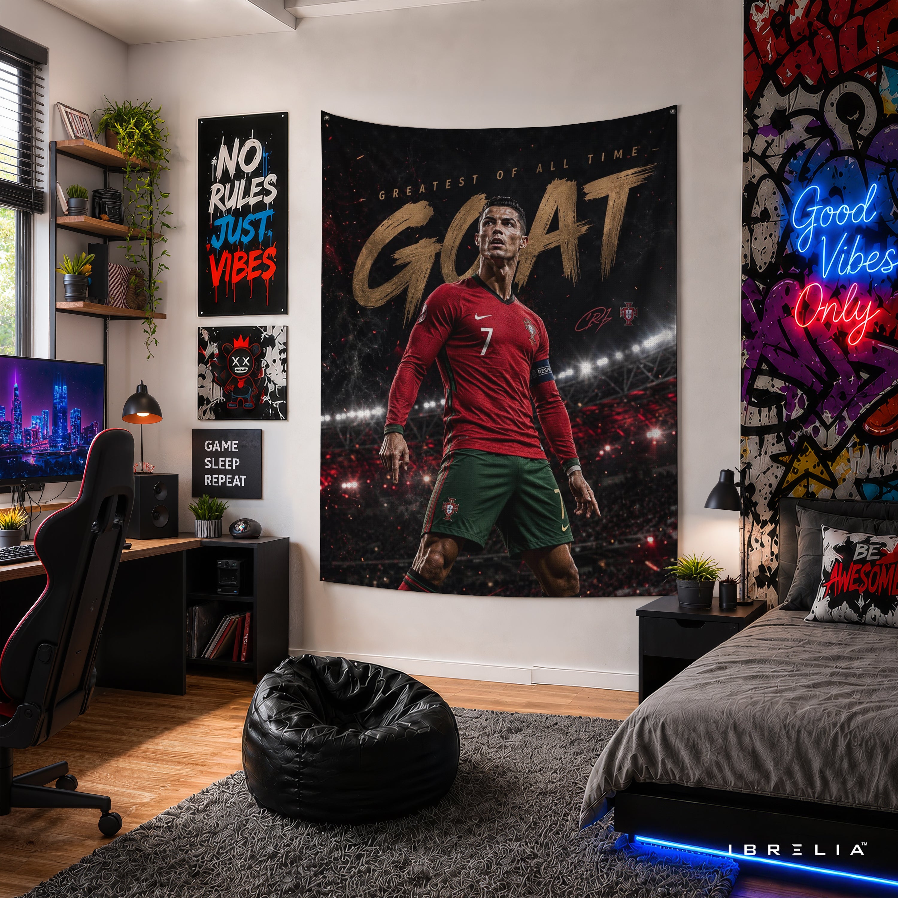 Cristiano Ronaldo GOAT Wall Tapestry | Premium Heavyweight Jute Fabric Wall Hanging