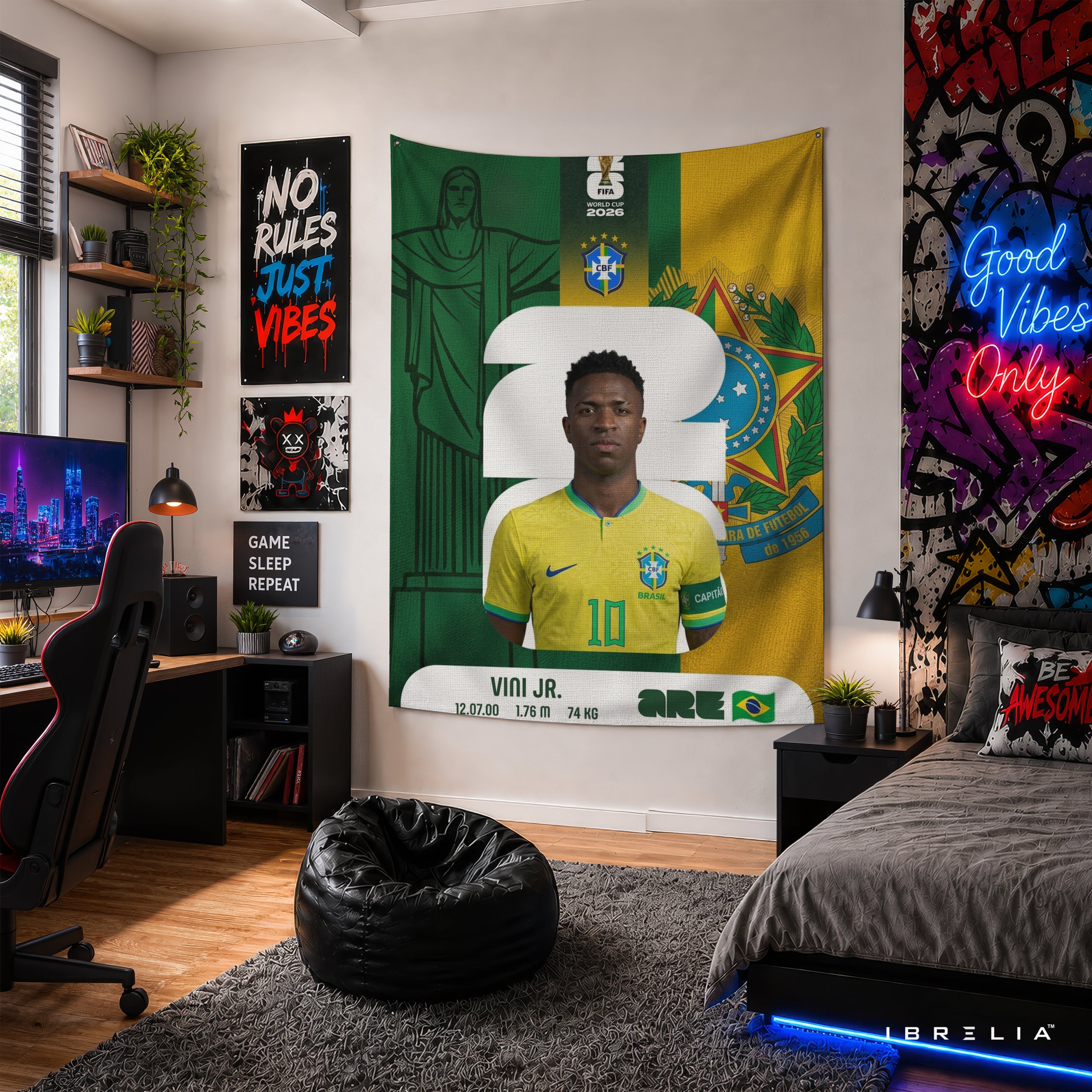 Vinícius Júnior Brazil World Cup 2026 Wall Tapestry | Premium Heavyweight Jute Fabric Wall Hanging